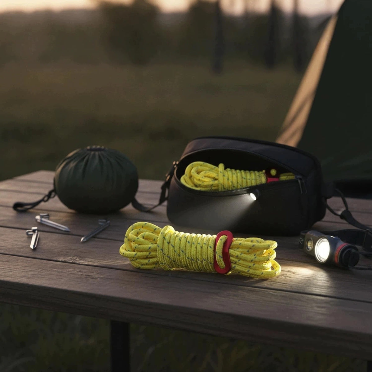 TENT ROPE 5MM YELLOW WITH REFLECTOR 4M EXTRACTION ROPES 8 PCS + TENSIONERS Packaging status original