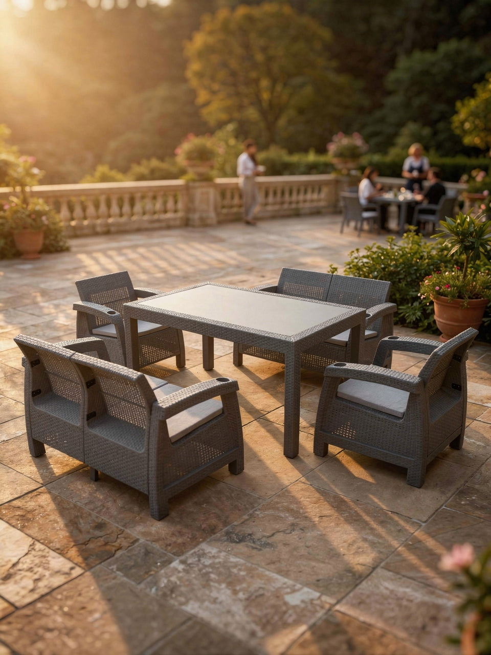 TERRACE SET 6-SEATER LARGE SOFA ARMCHAIRS TABLE GREY NC08X2+RT02 PLASTIC Line IdealGarden
