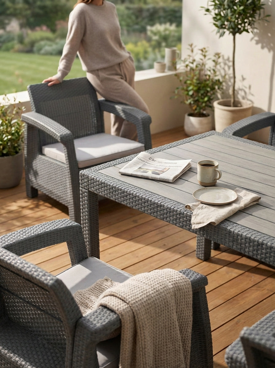 TERRACE SET 6-SEATER LARGE SOFA ARMCHAIRS TABLE GREY NC08X2+RT02 PLASTIC Manufacturer code NC08X2+RT02