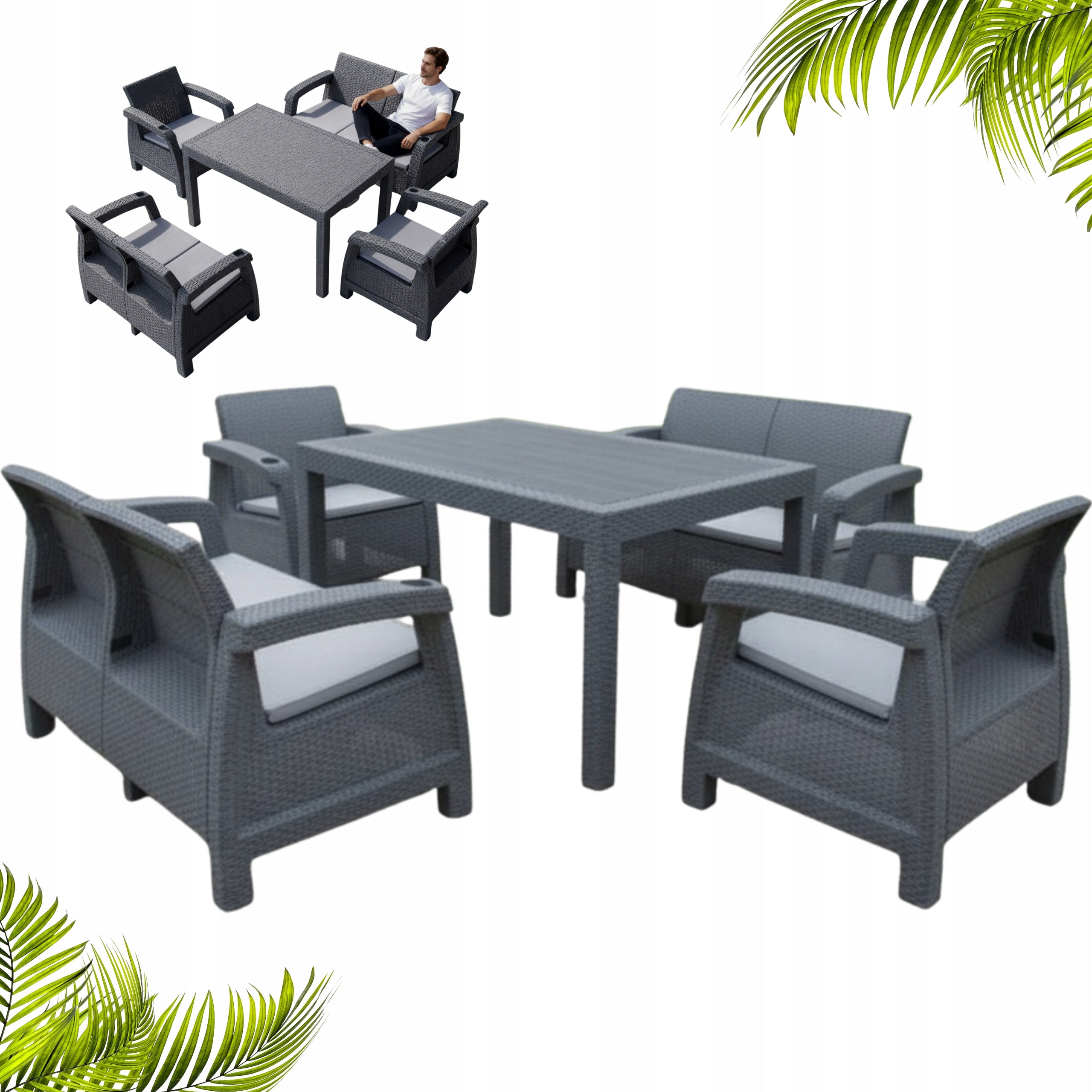 TERRACE SET 6-SEATER LARGE SOFA ARMCHAIRS TABLE GREY NC08X2+RT02 PLASTIC