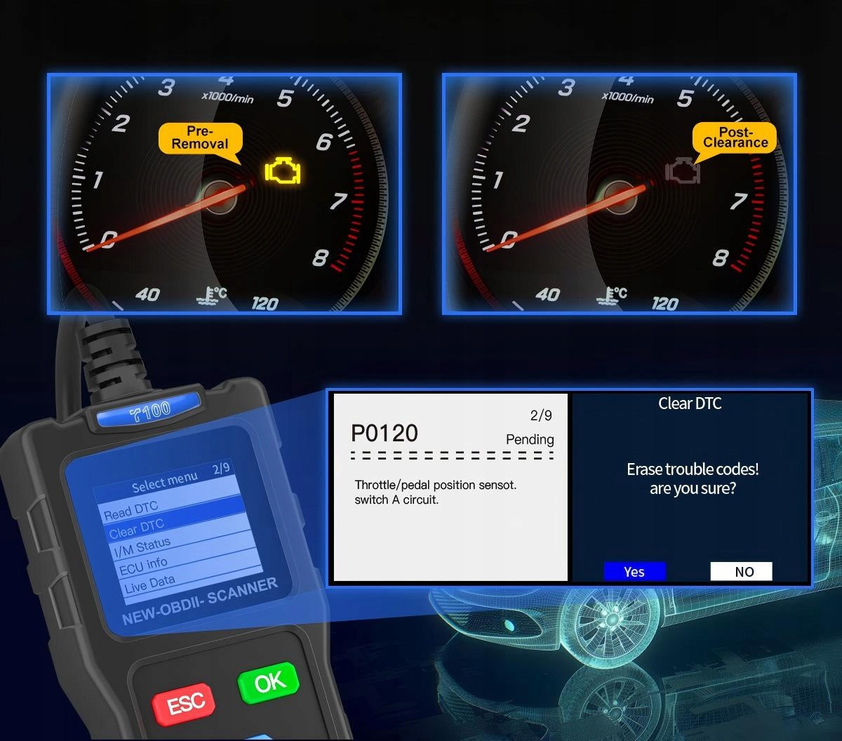 TESTER DIAGNOSTYCZNY INTERFEJS OBD-2 Wielofunkcyjny Skaner Samochodowy T100 Manufacturer code T100