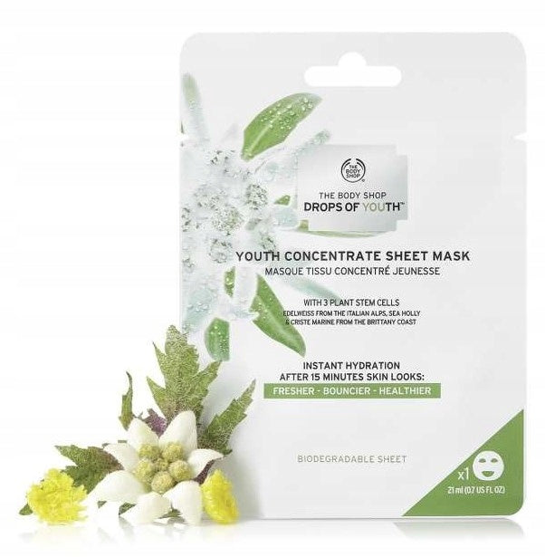 Revitalisierende Tuchmaske zum Einmalgebrauch The Body Shop Drops Of Youth 21 ml 