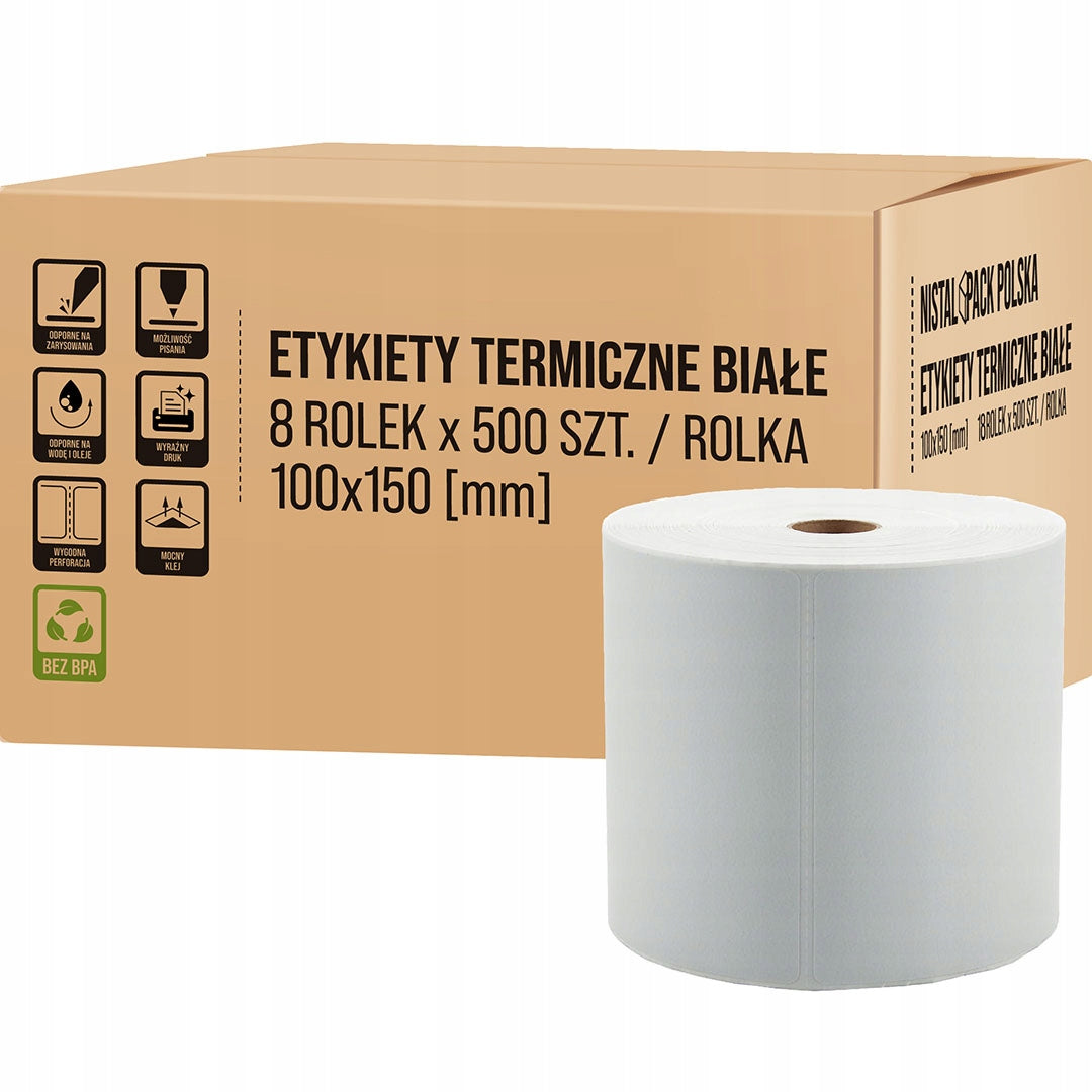 THERMAL LABELS WHITE 100x150 mm PERFORATION 500 pcs CARTON 8 ROLLS