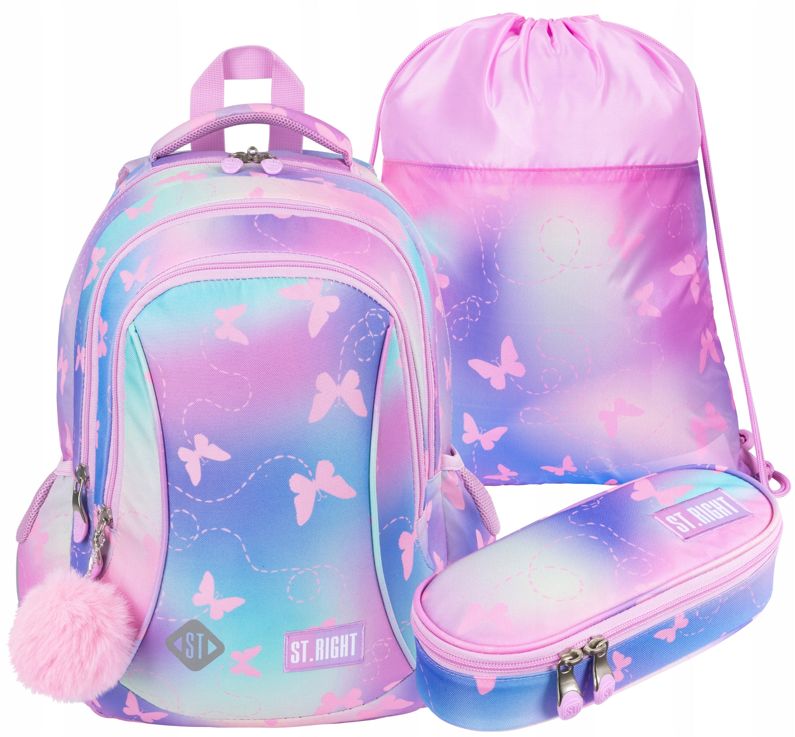 THREE-CHAMBER SCHOOL BACKPACK + PEN + OMBRE BAG PINK BUTTERFLIES-0007