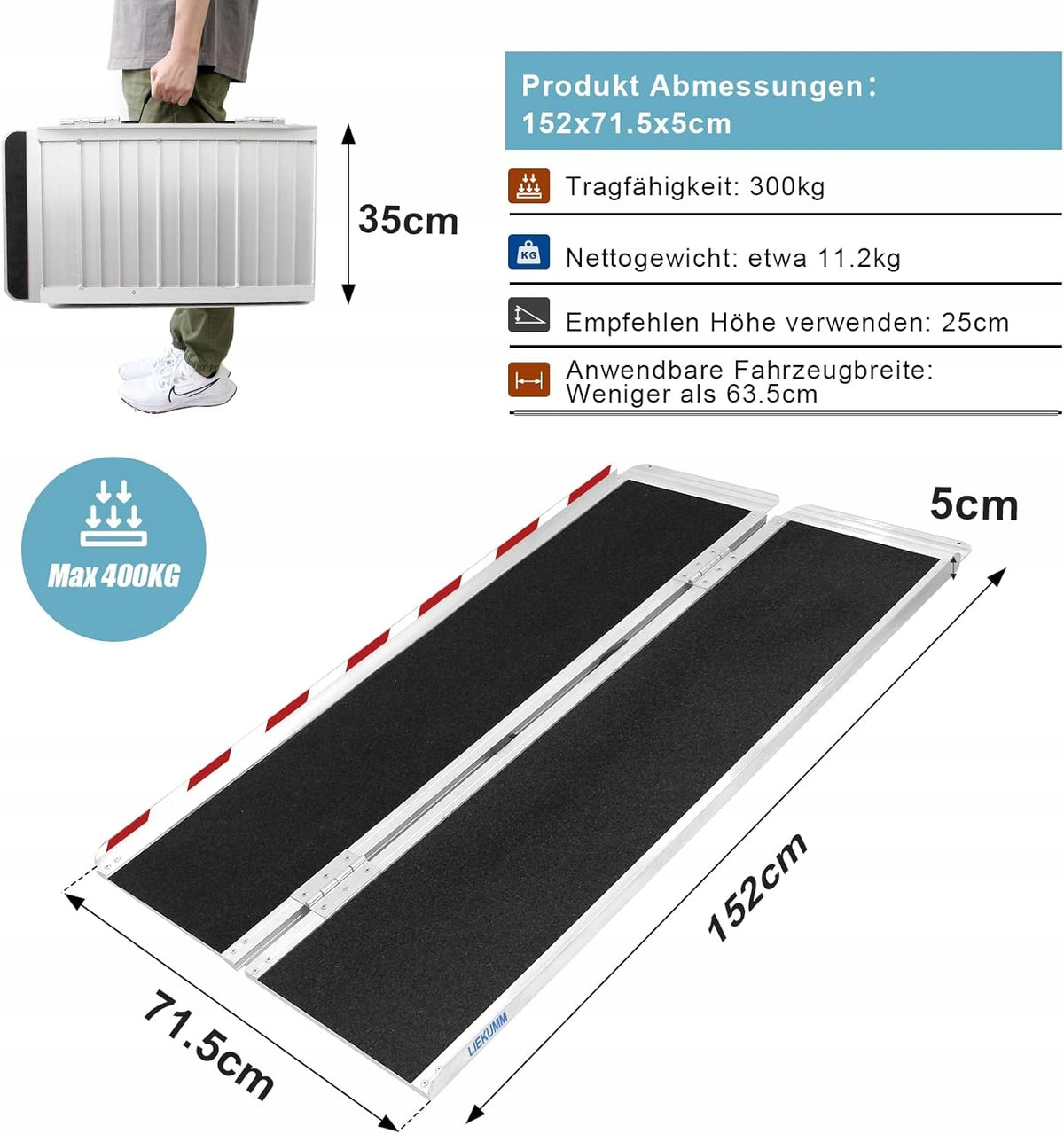 THRESHOLD RAMP ALUMINUM TROLLEYS BICYCLES FOLDING 300KG 152X72 NON-SLIP Manufacturer code LKM152X72