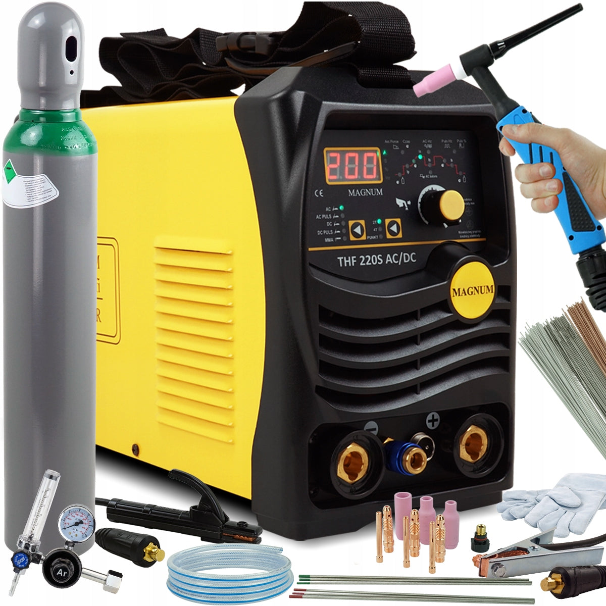 TIG ACDC welding machine for ALUMINIUM MAGNUM THF 220S 200A 230V PULSE CYLINDER WIRE