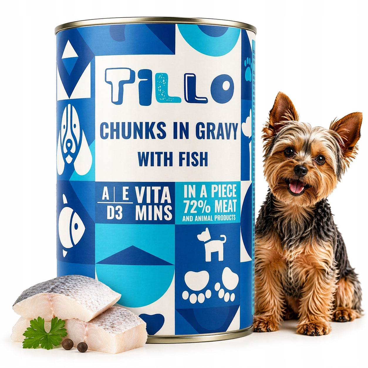 TILLO Chunky Wet Dog Food Fish Can 415g Pieces in Sauce