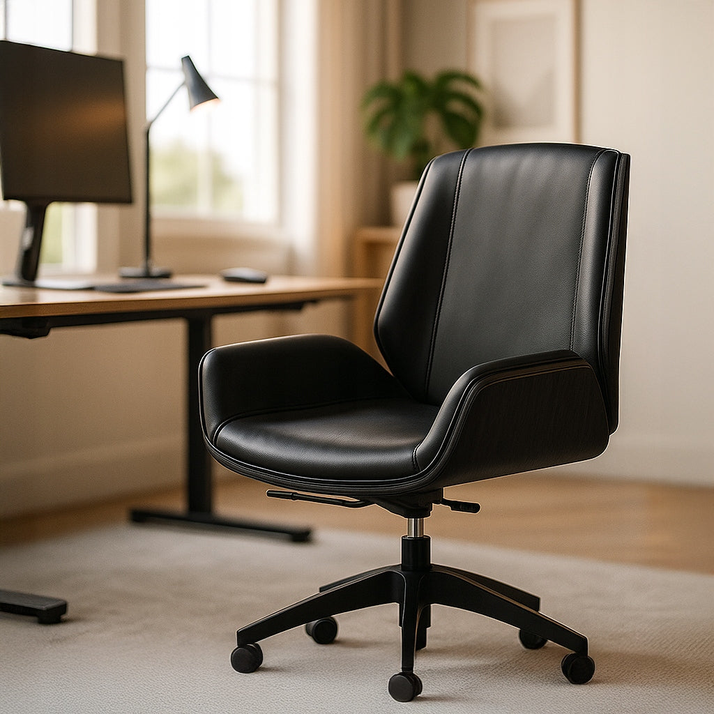 TIMO Low Black Faux Leather Light Oak Office Chair Packaging status original