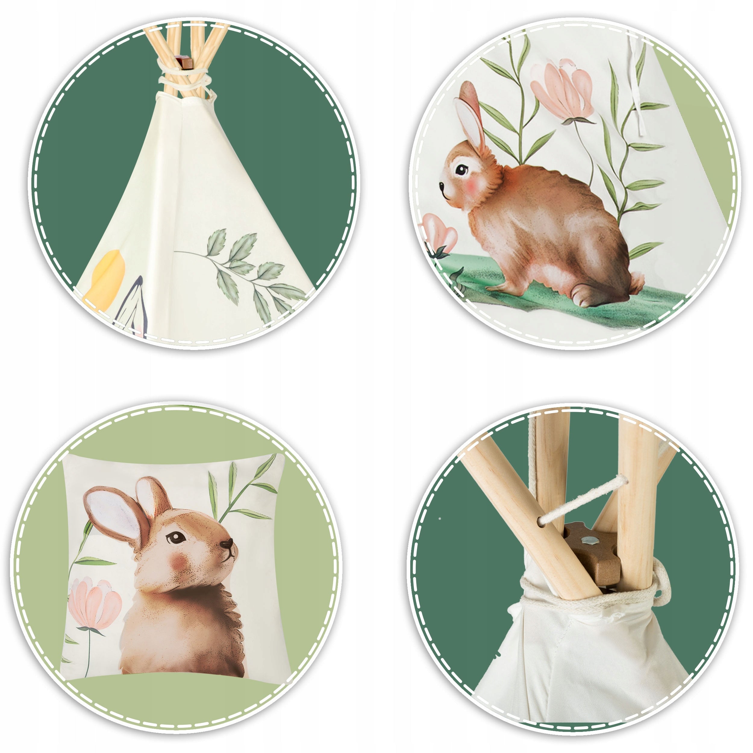 TIPI TENT FOR CHILDREN TEEPEE WIGWAM CUSHION FOREST STABILIZER ANIMALS Color beige
