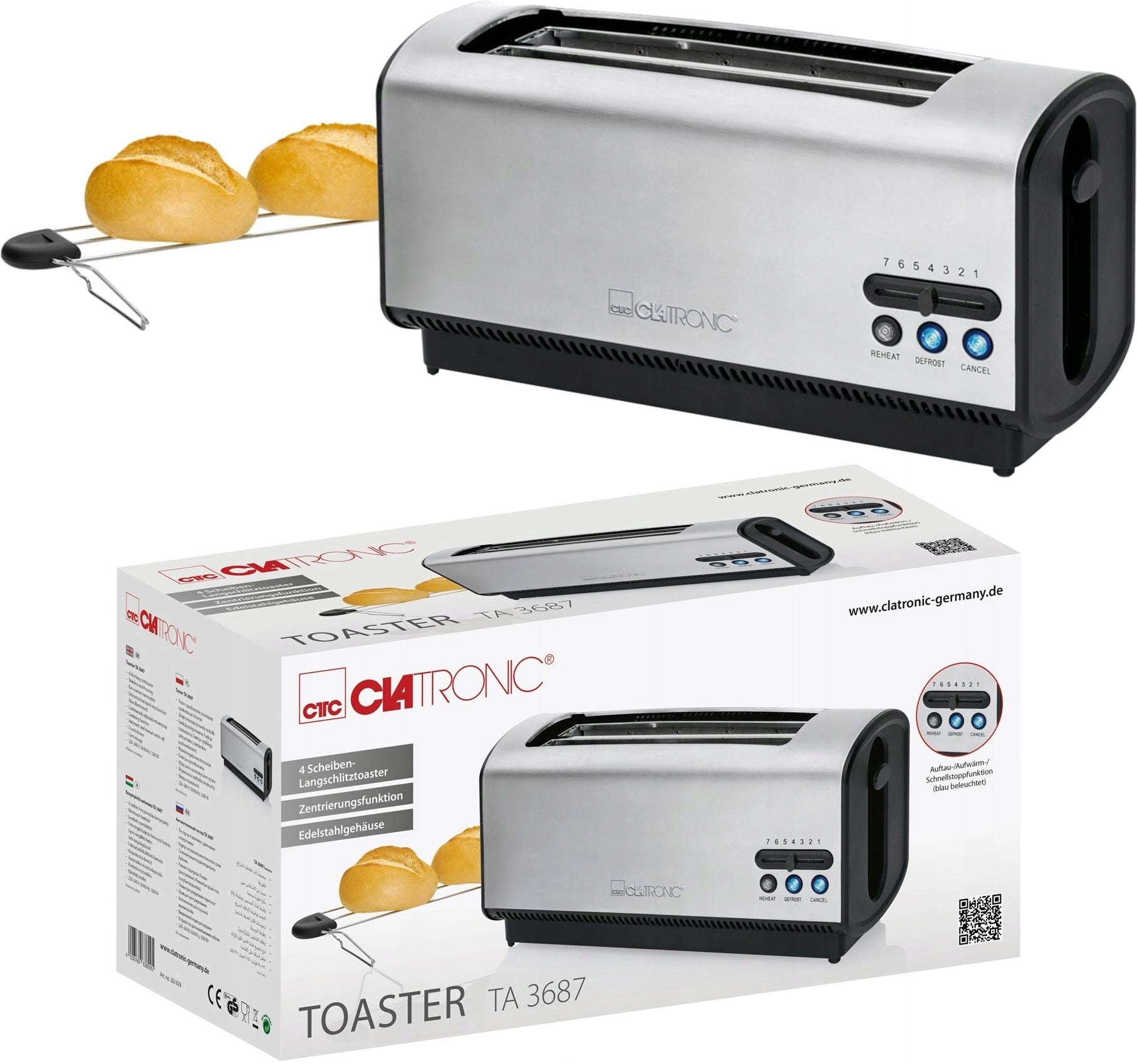 TOASTER FOR 4 SLICES TOAST HEATING FOR ROLLS DEFROSTING 1200W