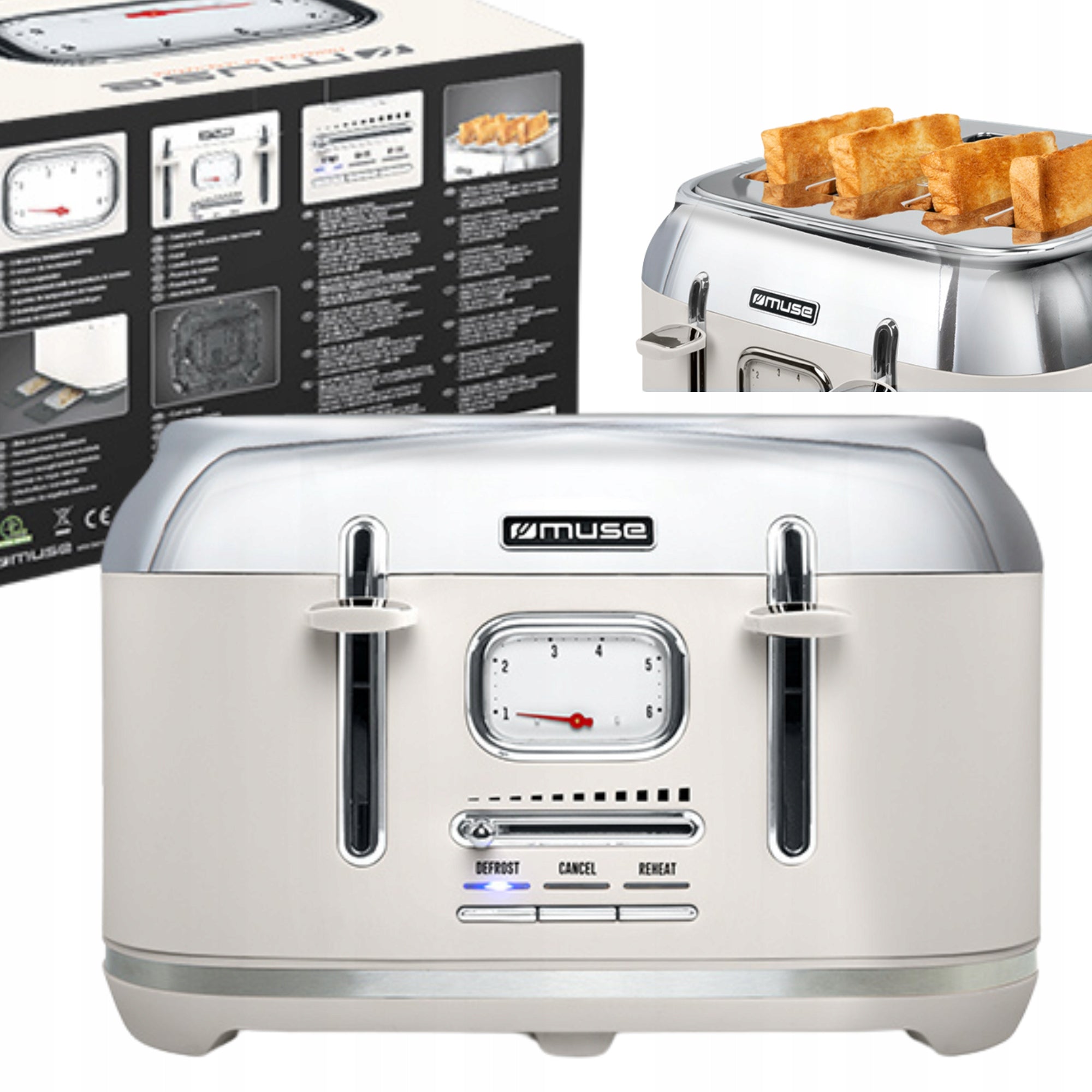 TOASTER RETRO HIGH POWER 1800W FOR 4 TOAST ECRY/SILVER MUSE MS-131SC