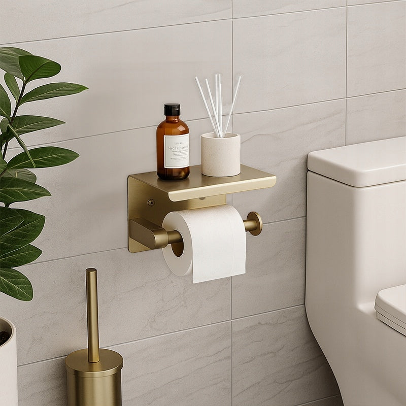 TOILET PAPER BATHROOM HANGER HOLDER WITH SHELF GOLD BRUSHED Packaging status original