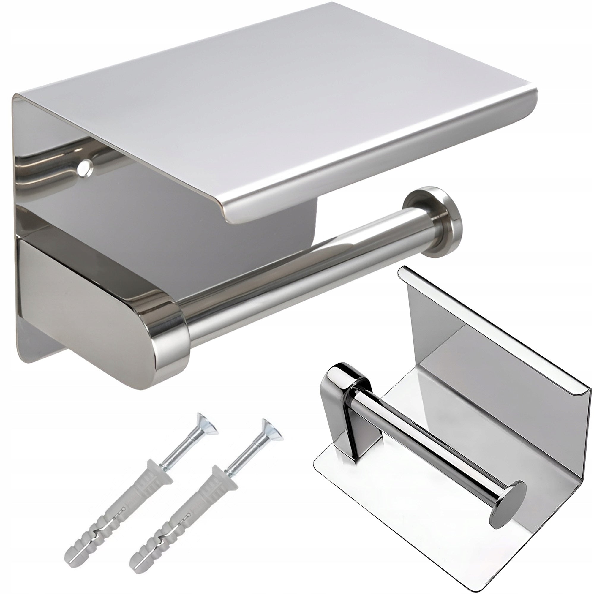 TOILET PAPER HANGER HOLDER WITH PHONE SHELF METAL CHROME