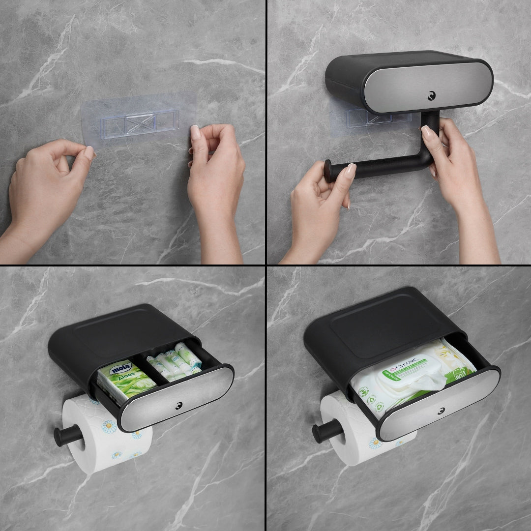 TOILET PAPER HANGER HOLDER WITH SHELF LOCKABLE SELF-ADHESIVE BLACK Packaging status original