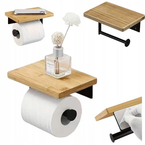 TOILET PAPER HOLDER HANGER BLACK LOFT BAMBOO SHELF DIKOM Packaging status original