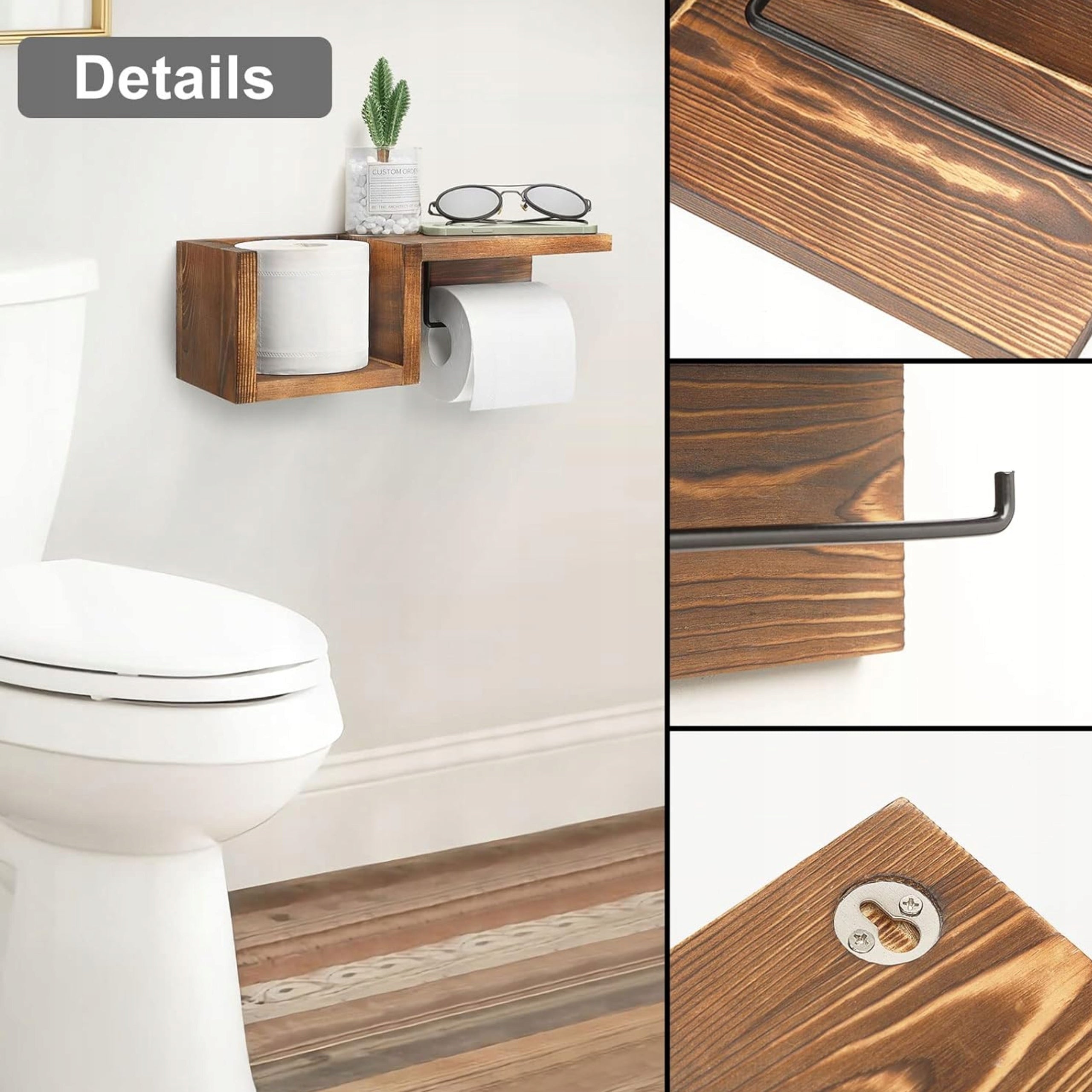 TOILET PAPER HOLDER WITH 2 SHELVES WOODEN RUSTIC LOFT DIKOM Brand DIKOM