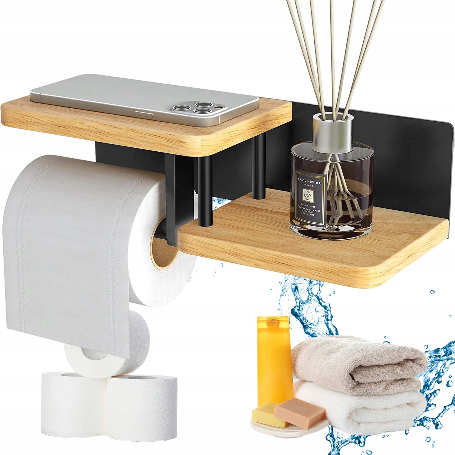 TOILET PAPER HOLDER WITH PHONE SHELF WOOD AND STAINLESS STEEL