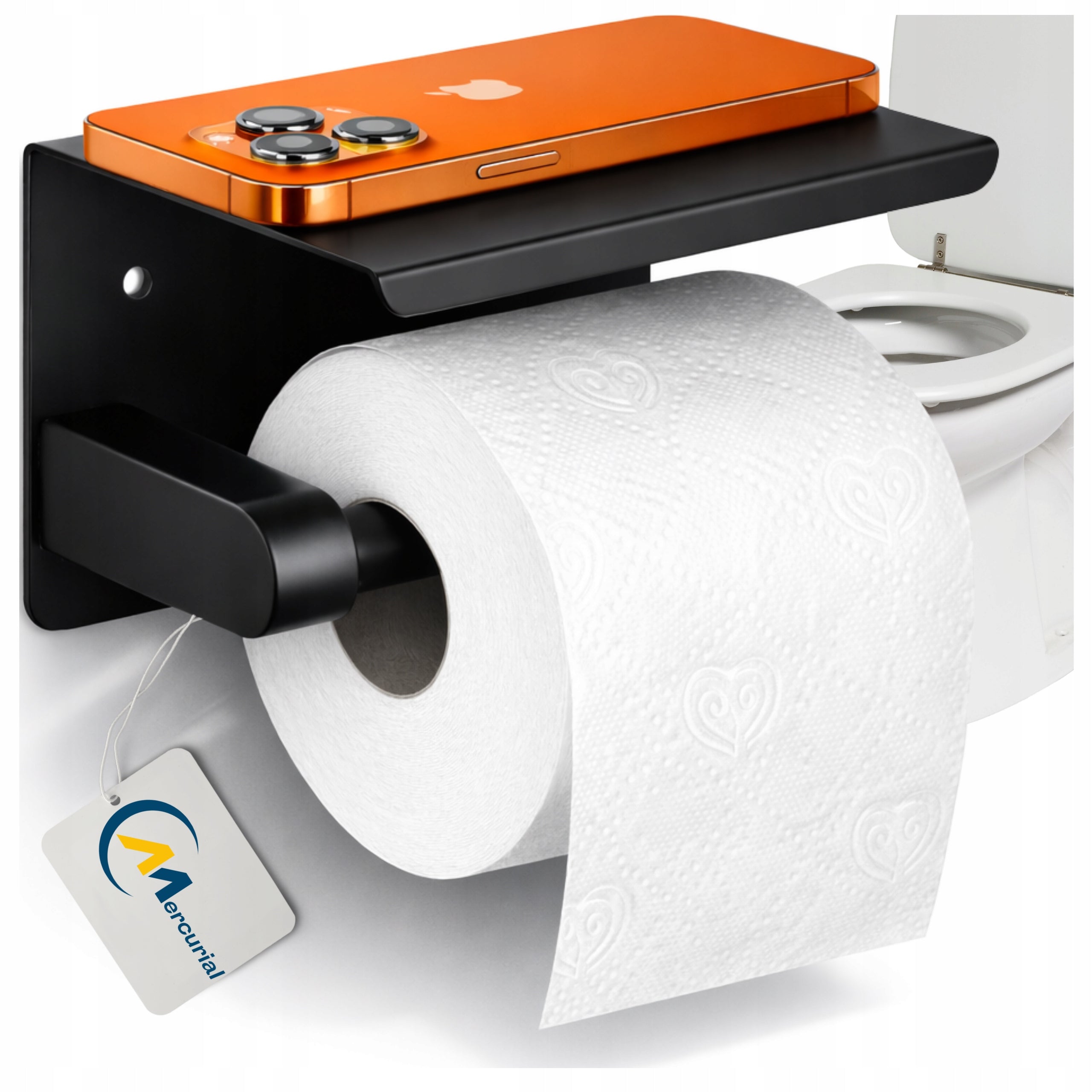 TOILET PAPER HOLDER WITH SHELF BLACK HANGER STEEL BATHROOM HOUSE TOILET