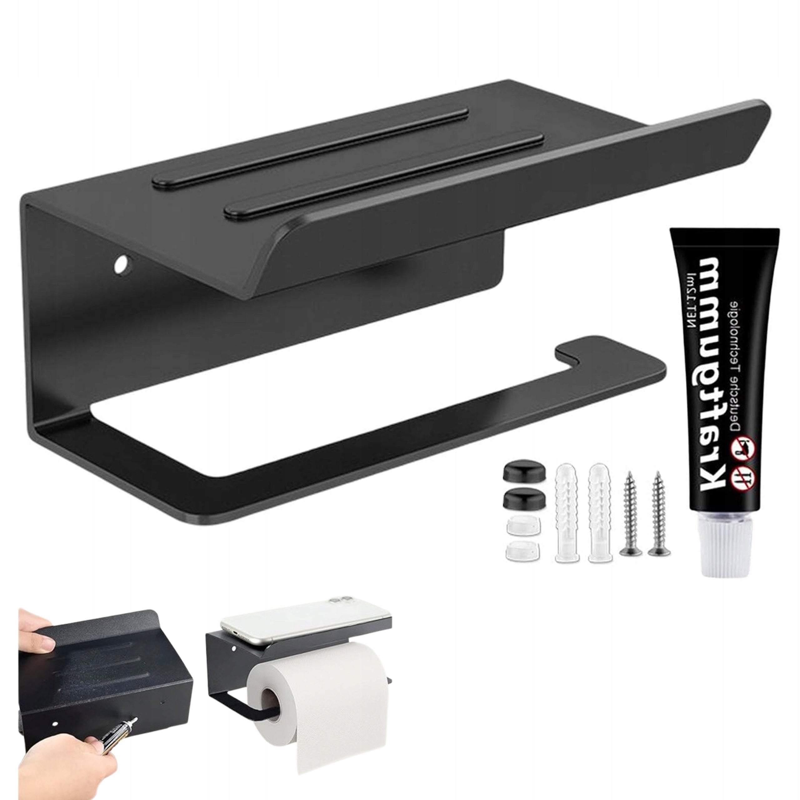 TOILET PAPER HOLDER WITH SHELF GLUED WITHOUT DRILLING STEEL PRO