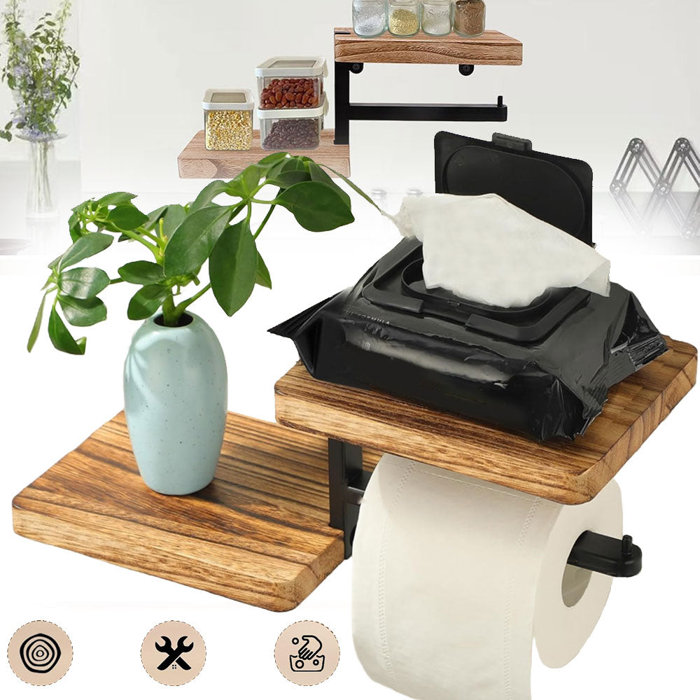 TOILET PAPER HOLDER WITH SHELF HANGER WOODENBATHROOM HOUSE TOILET