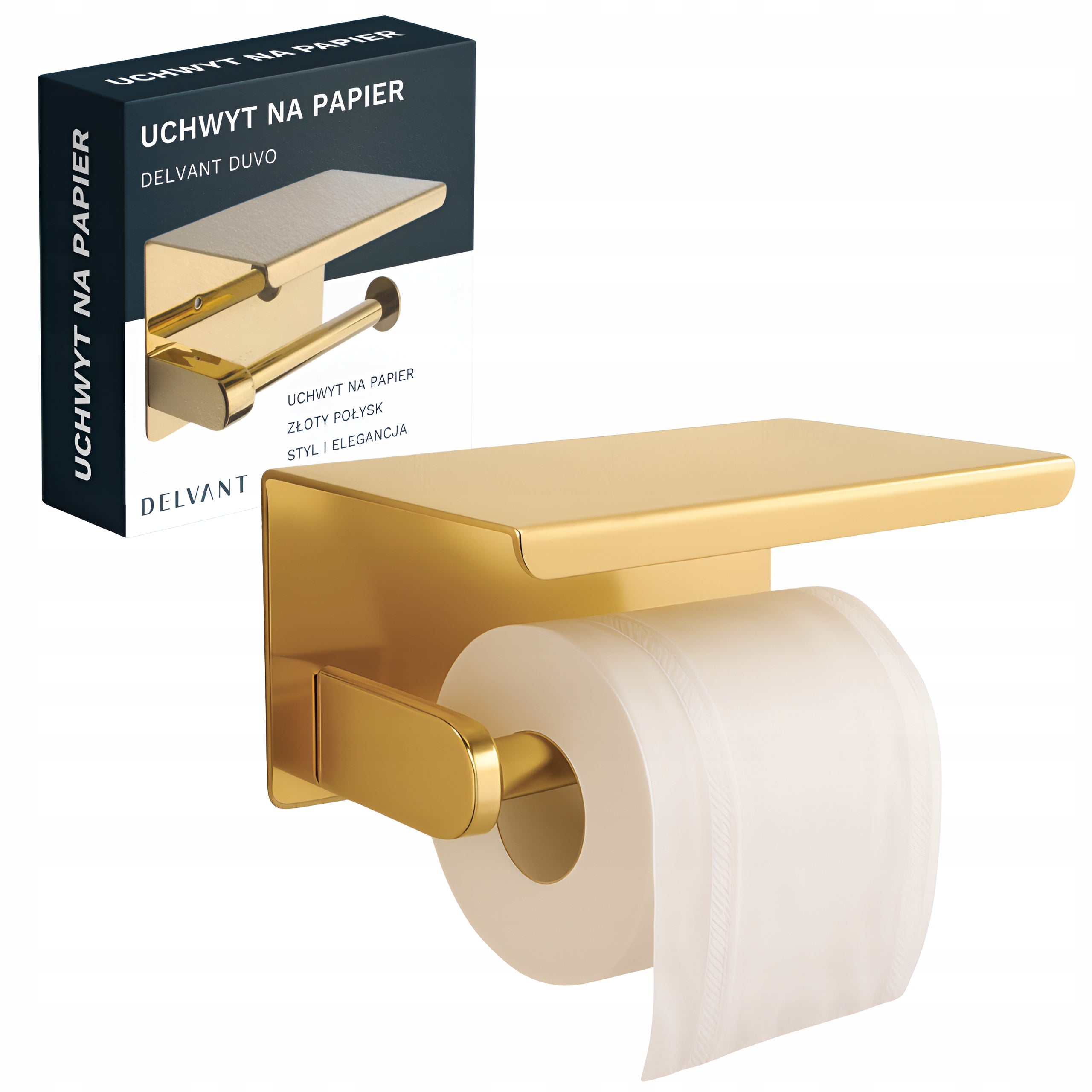 TOILET PAPER HOLDER WITH SHELF METAL BATHROOM DELVANT DUVO GOLD