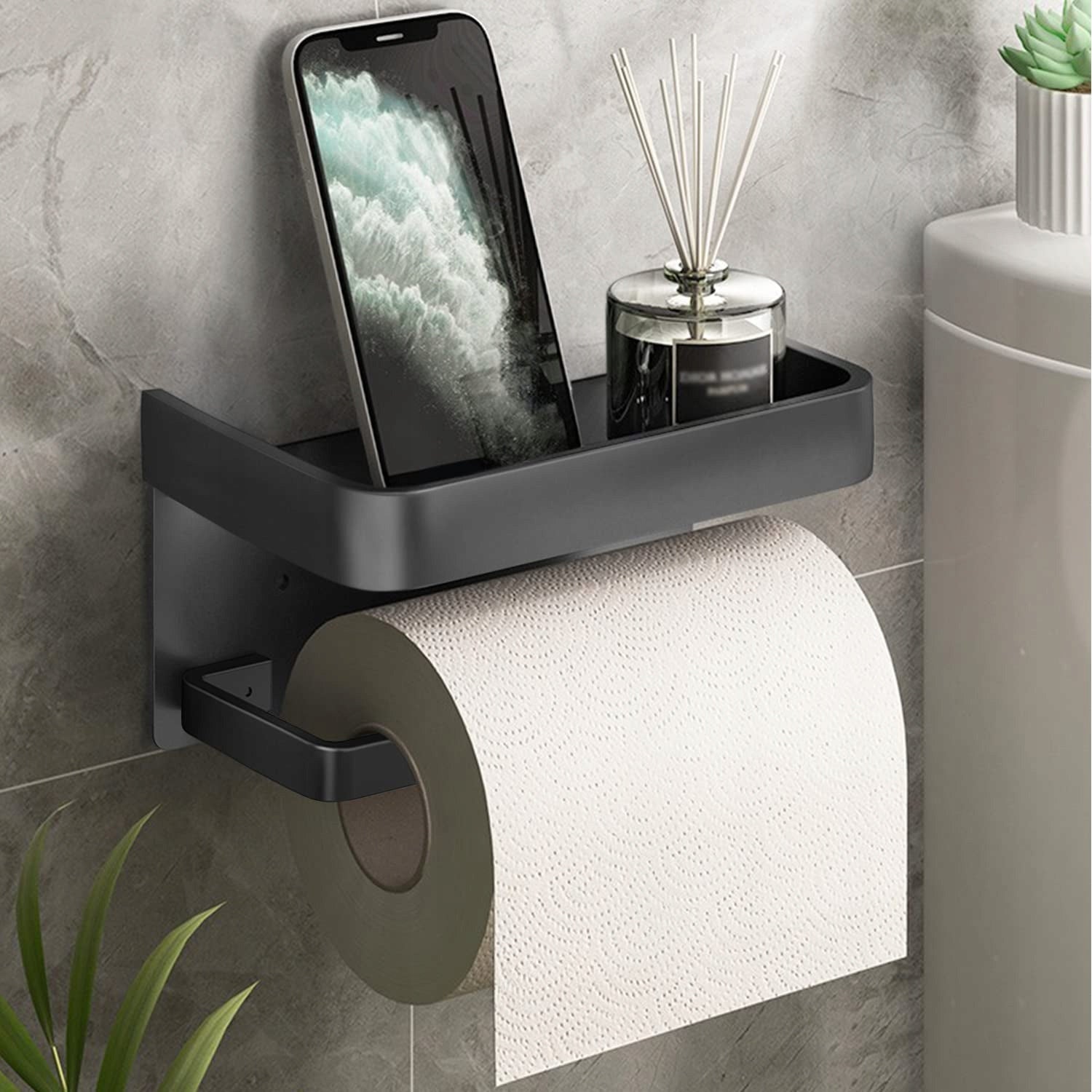 TOILET PAPER HOLDER WITH SHELF in phone stand self-adhesive grey Product height 7 cm