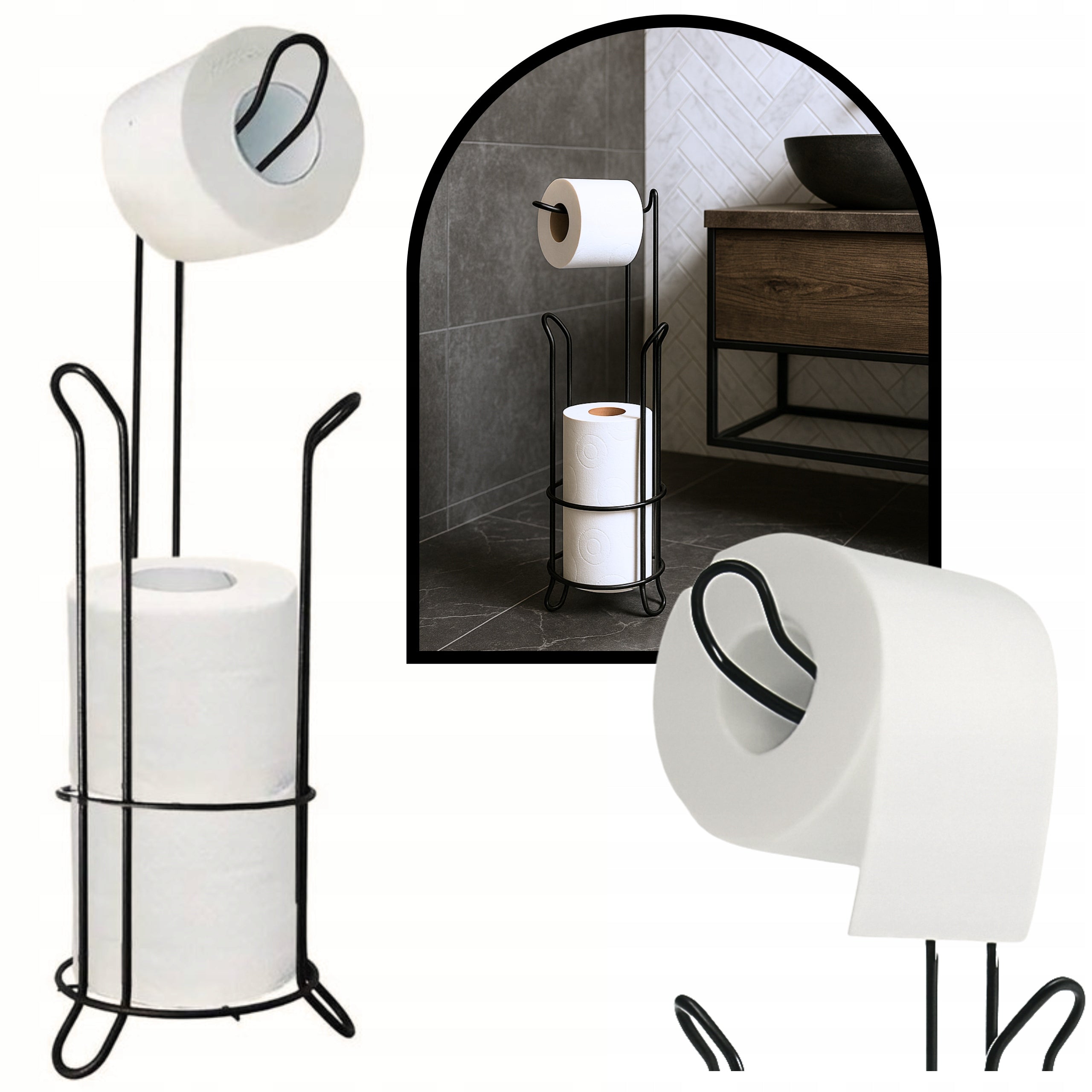 TOILET PAPER RACK FREESTANDING BATHROOM METAL HANDLE BLACK