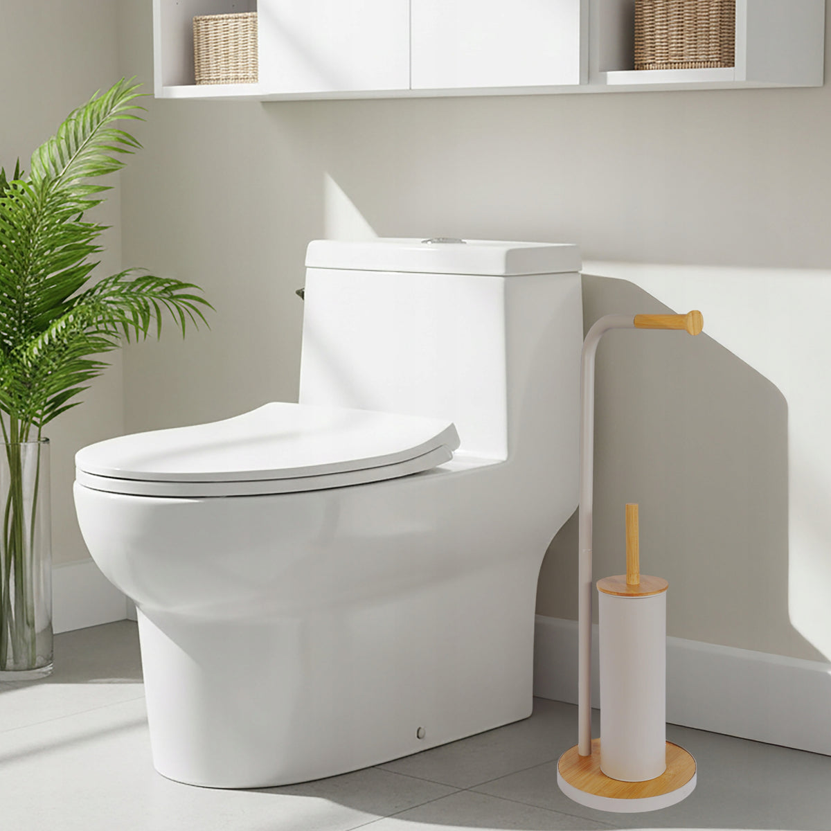 TOILET PAPER STAND AND TOILET BRUSH BEIGE BAMBOO SOLID STABLE Packaging status original