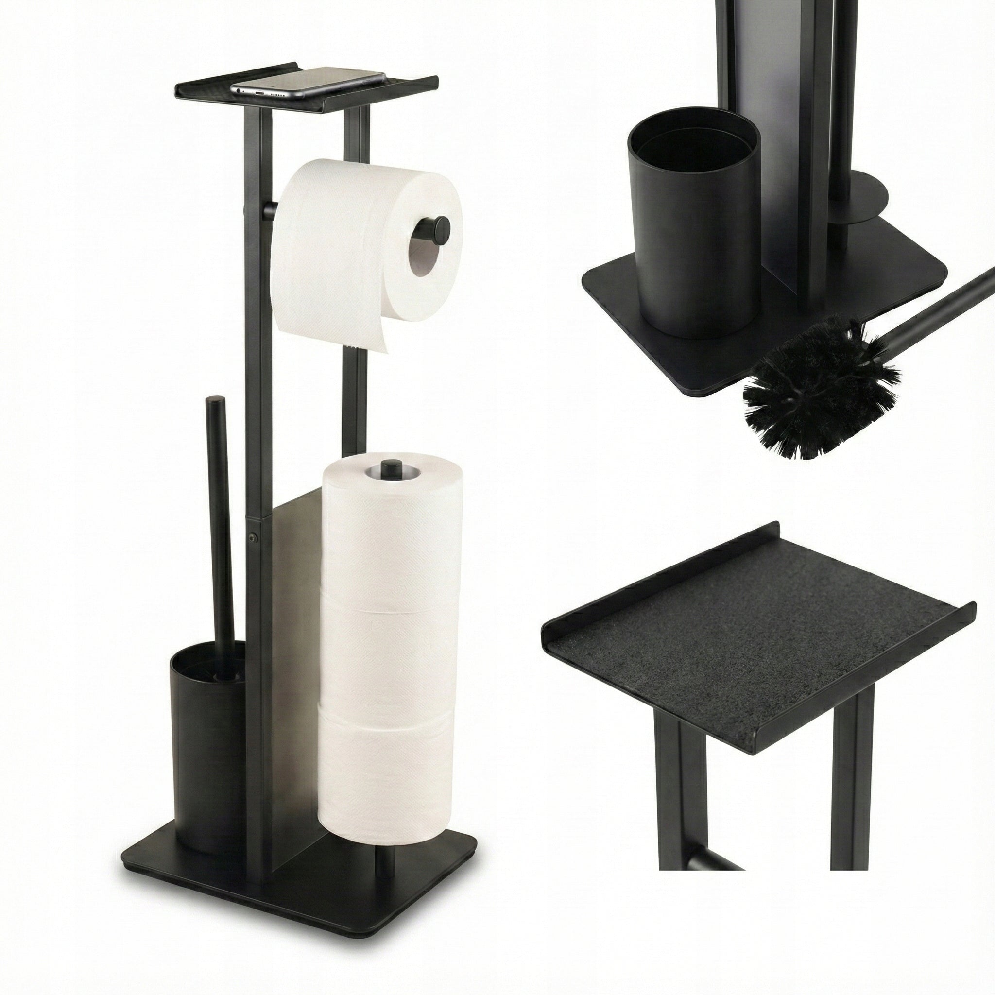 TOILET PAPER STAND AND TOILET BRUSH WITH PHONE SHELF BLACK 65 CM