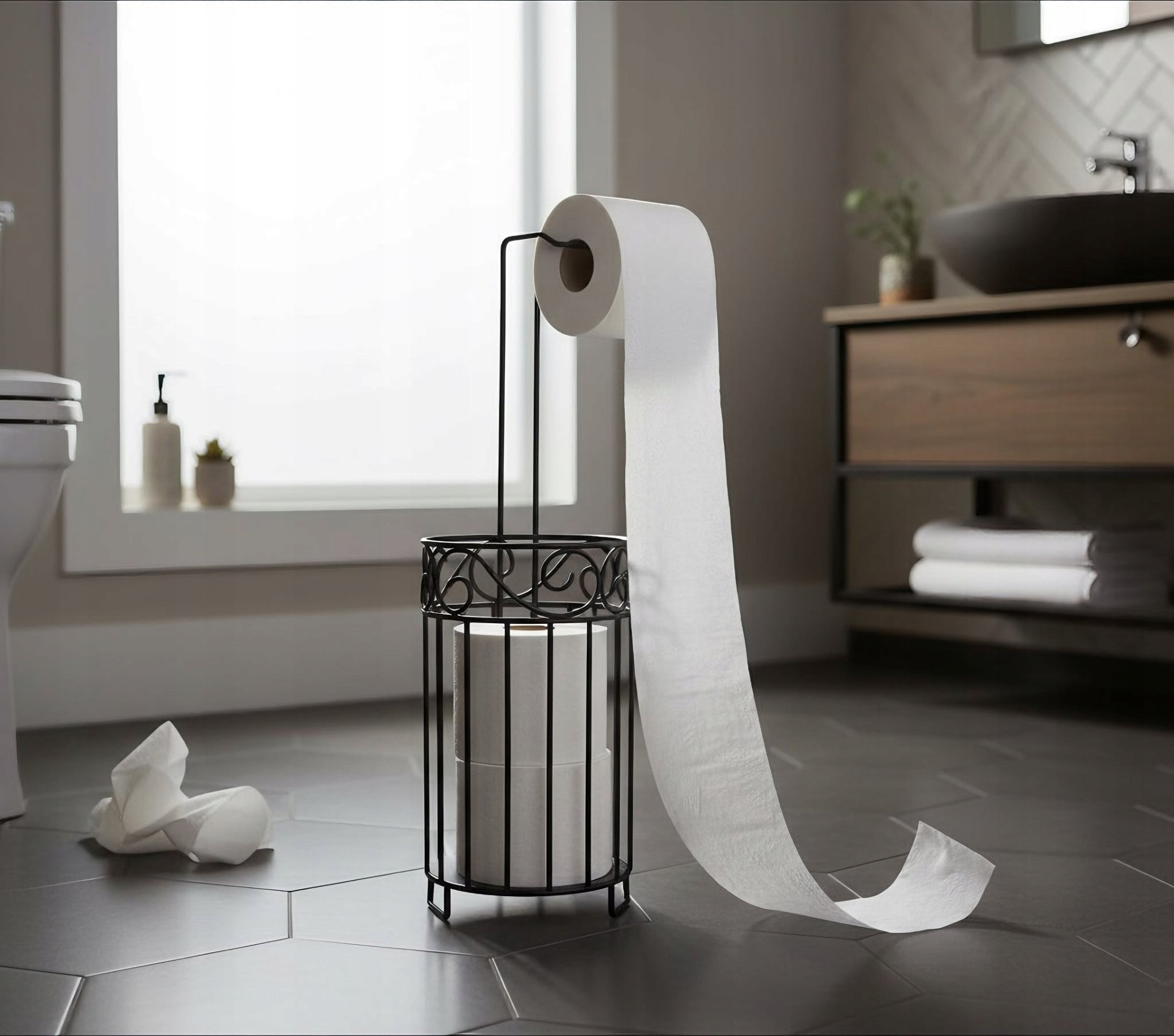 TOILET PAPER STAND METAL MODERN WITH BASKET HOLDER BLACK Manufacturer code Stojak na papier toaletowy kampatt