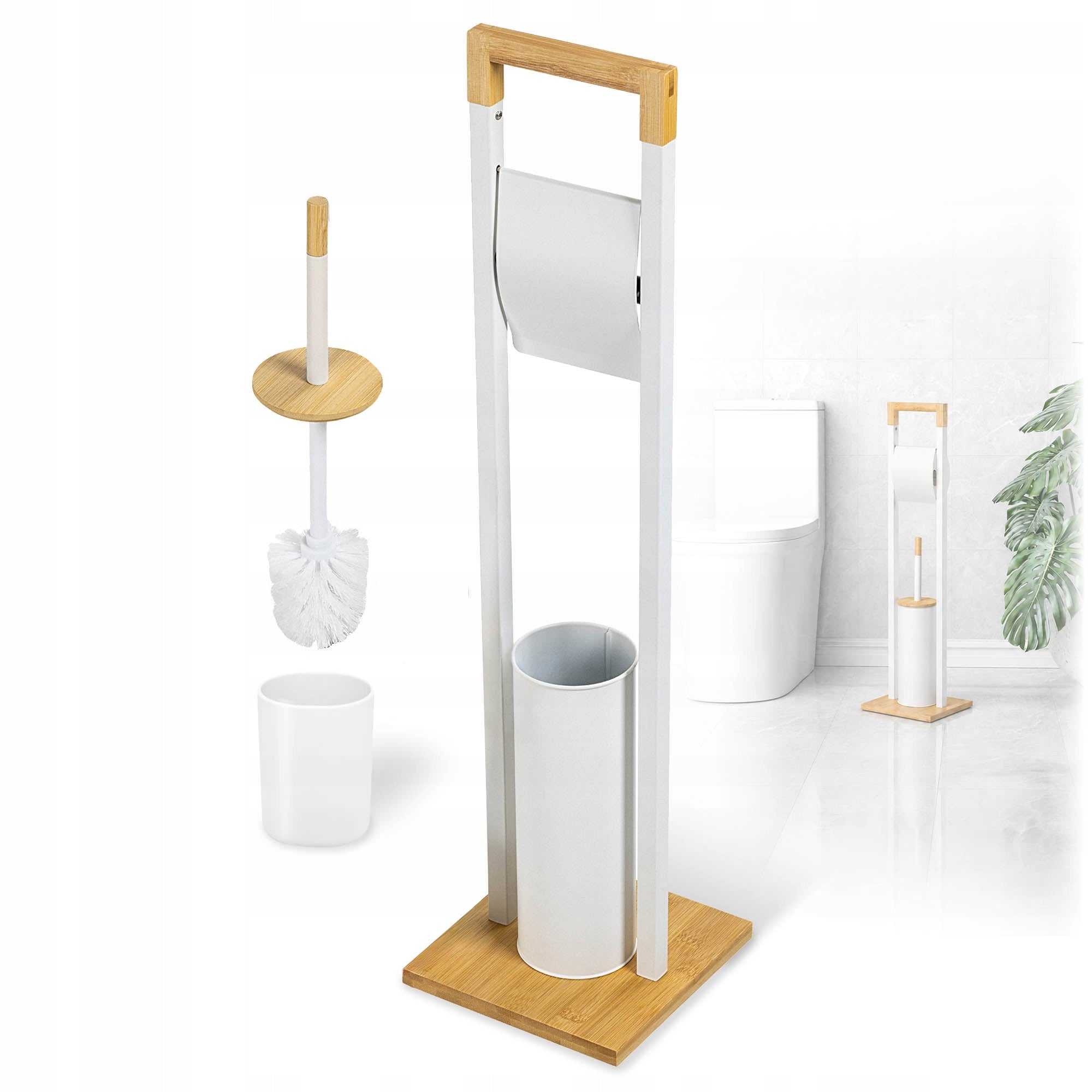 TOILET PAPER STAND WHITE HOLDER HANGER TOILET BRUSH 2in1 CONTAINER