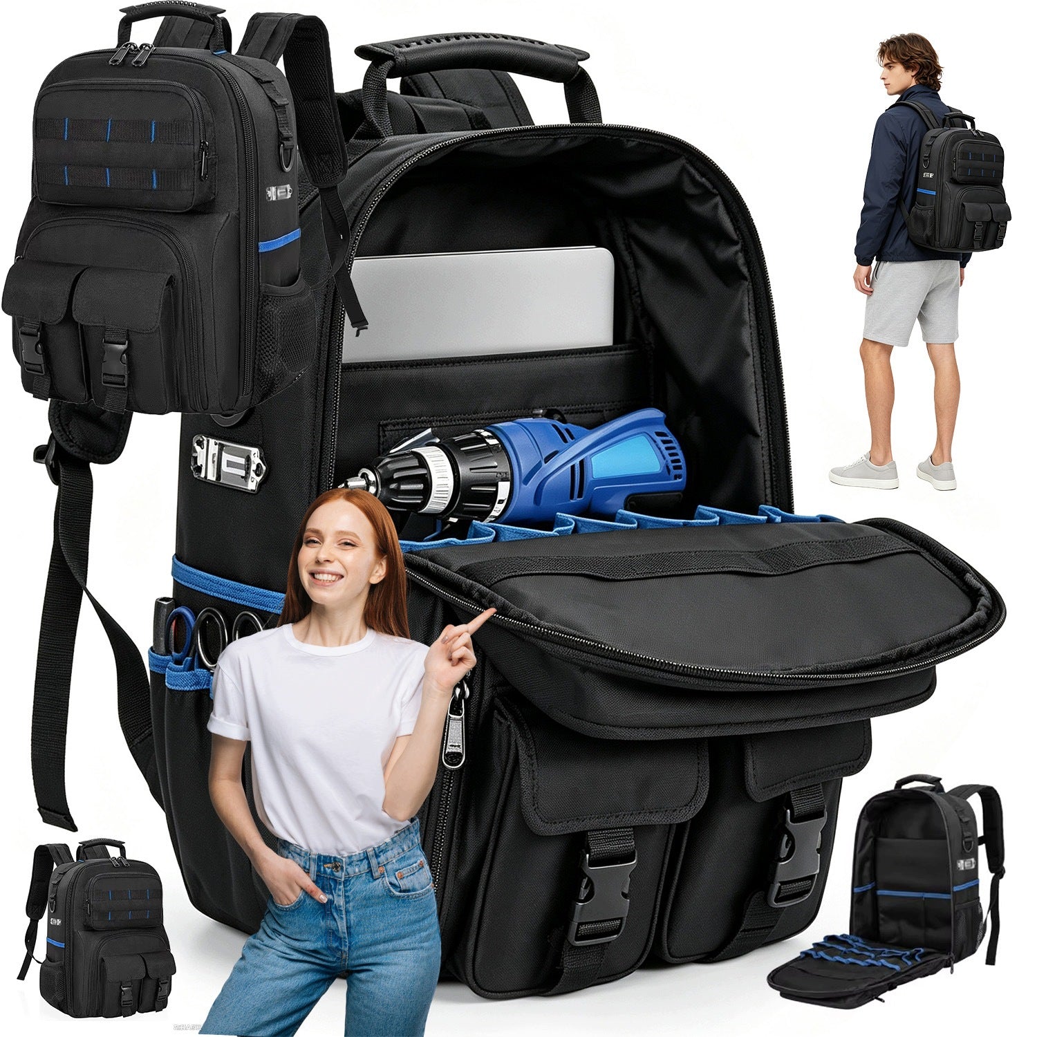 TOOL BACKPACK FOR PLUMBERS HVAC MULTI-COMPARTMENT BLACK