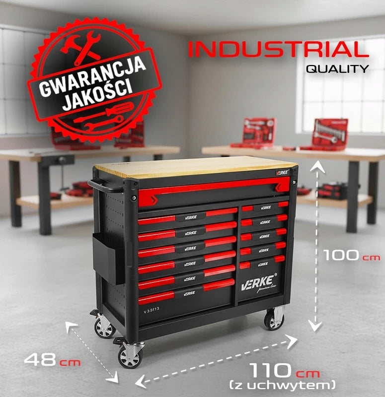 TOOL CABINET WITH EQUIPMENT 283el 12 DRAWERS VERKE V33113 Additional features wheel lock brake guide handles