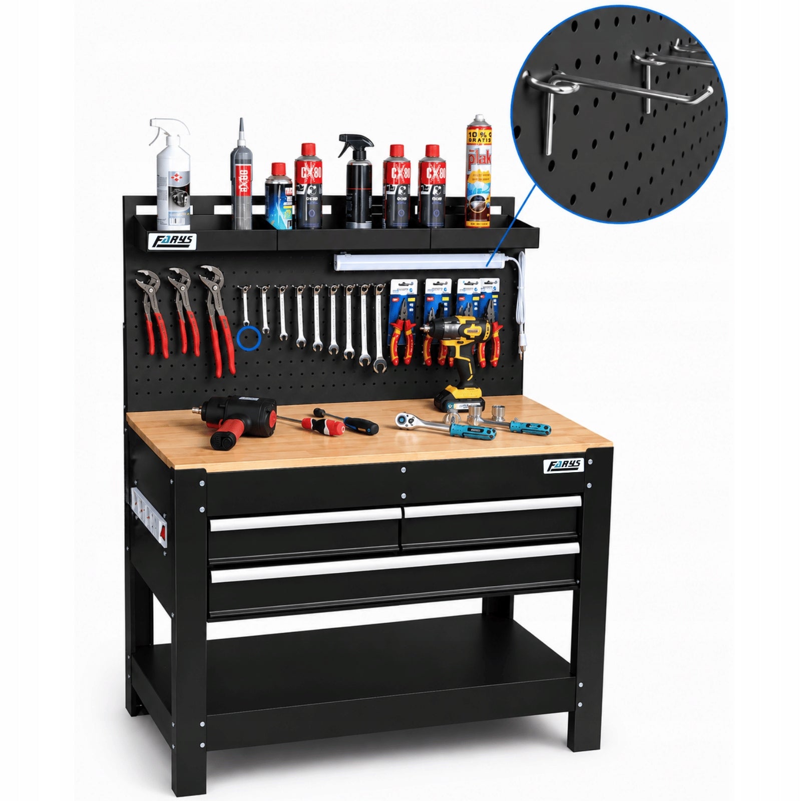 TOOL CABINET WORKBENCH WITH TOP 114x60 cm LED + HOOKS FARYS Manufacturer code FR4095