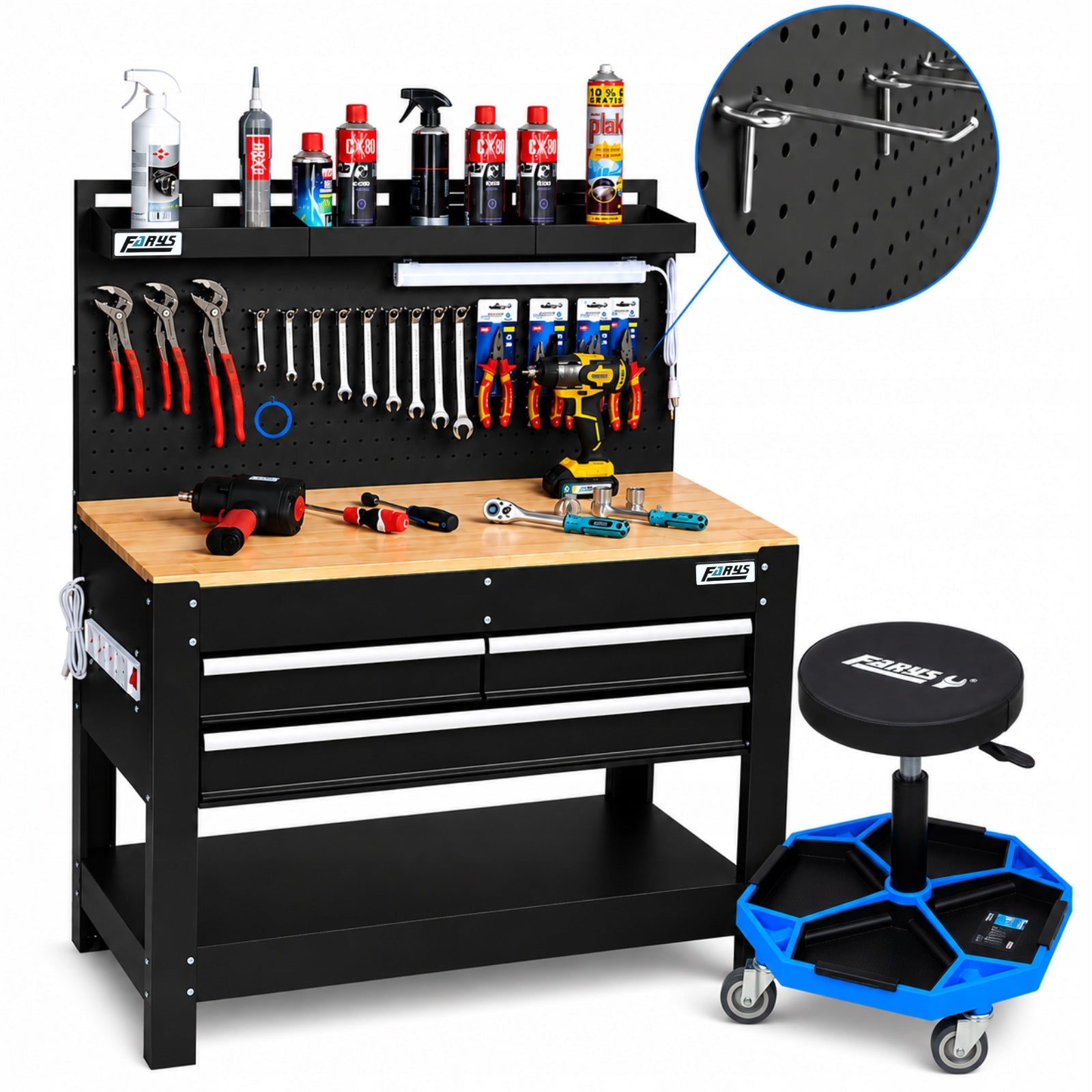 TOOL CABINET WORKBENCH WITH TOP 114x60 cm LED +HOOKS +TABLE