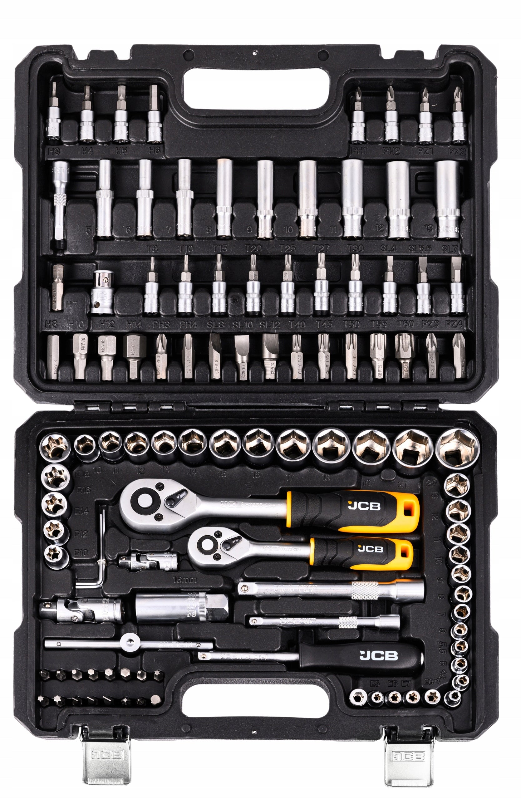 TOOL SET 108 ELEMENTS JCB STEEL CR-V RATCHET SOCKET WRENCHES Product weight with unit packaging 3.73 kg
