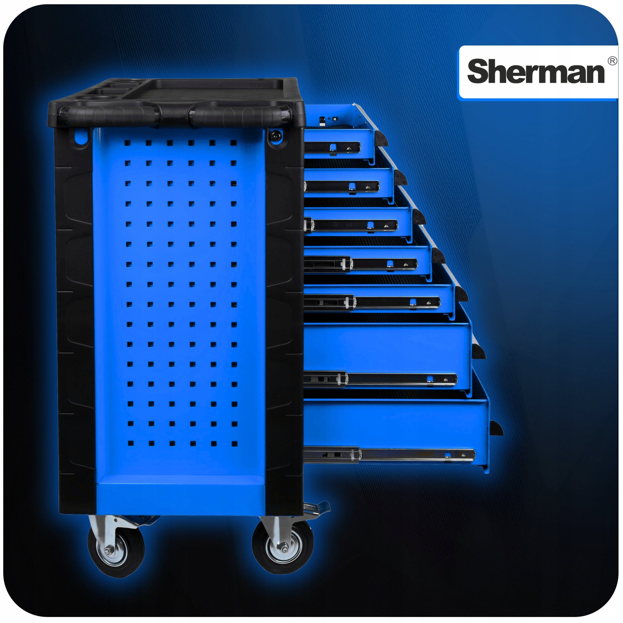 TOOL TROLLEY WORKSHOP CABINET ON WHEELS SHERMAN 7 DRAWERS BLUE Color blue
