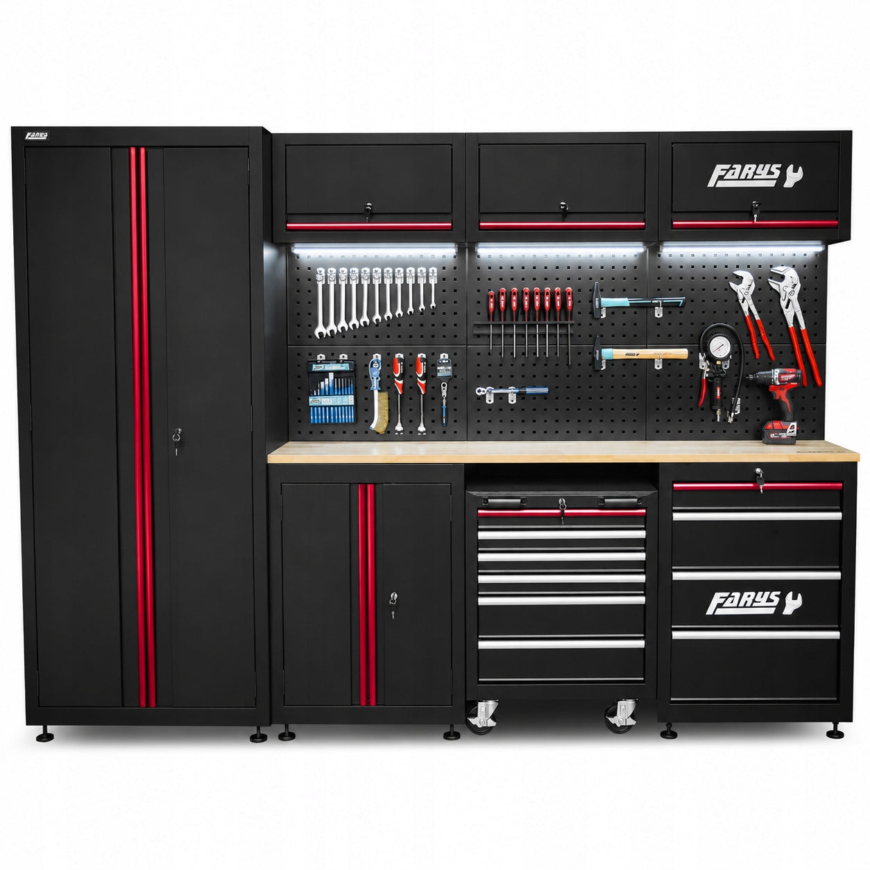 TOOL TROLLEY WORKSHOP FURNITURE SET LED LIGHTING 25 HOOKS FARYS