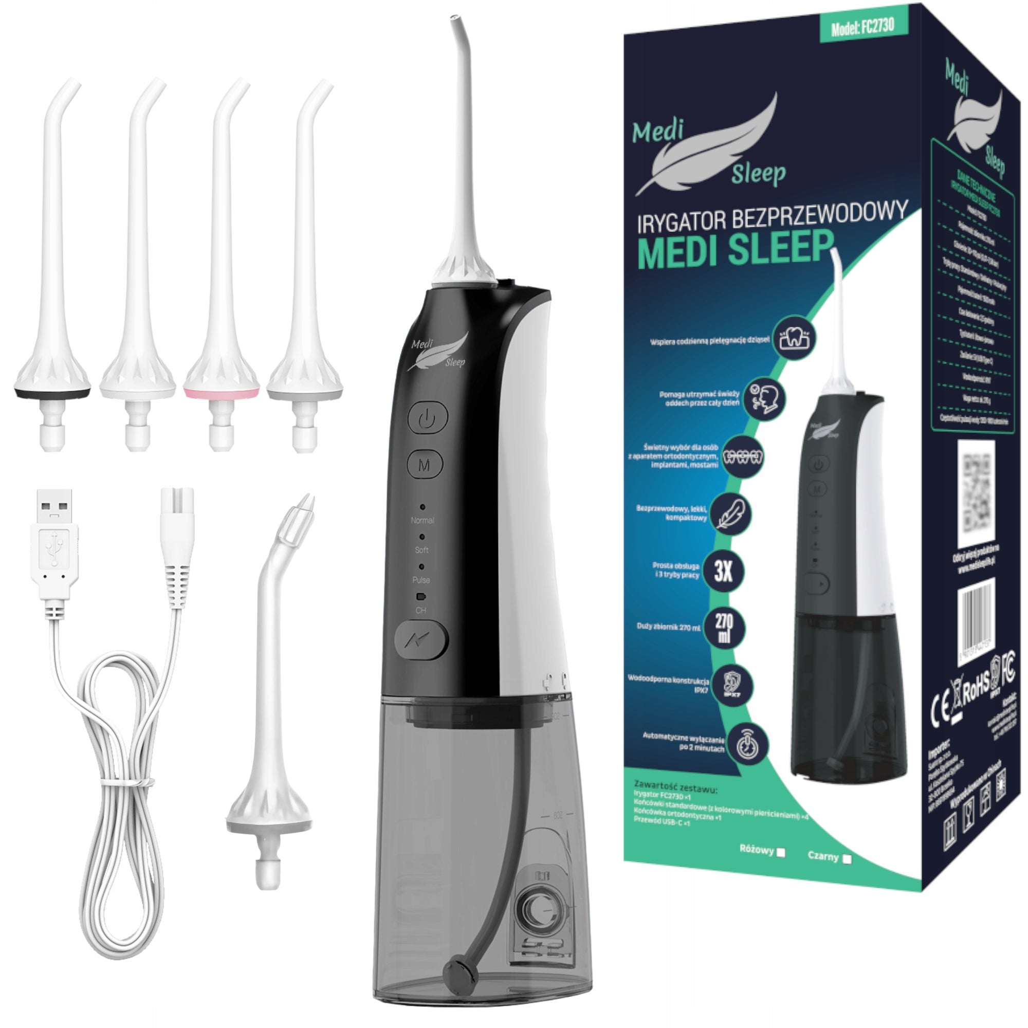 TOOTH IRRIGATOR BLACK WIRELESS PULSED DENTAL 4 MODES 5