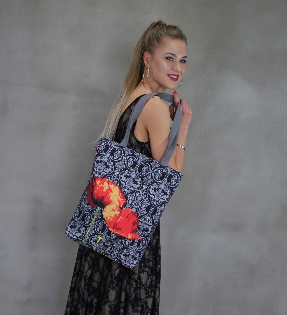 Handtasche aus Kunstfilz für Damen City Poppies Schwarz 
