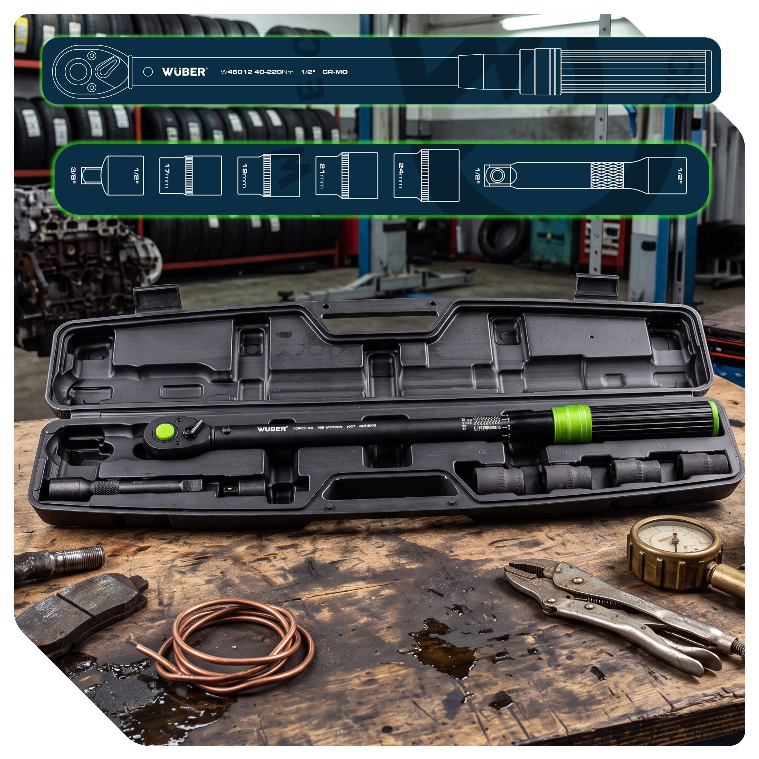 TORQUE WRENCH 1/2"-3/8" CrMO 40-240Nm SUITCASE+4 CAPS+EXTENSION Packaging status original