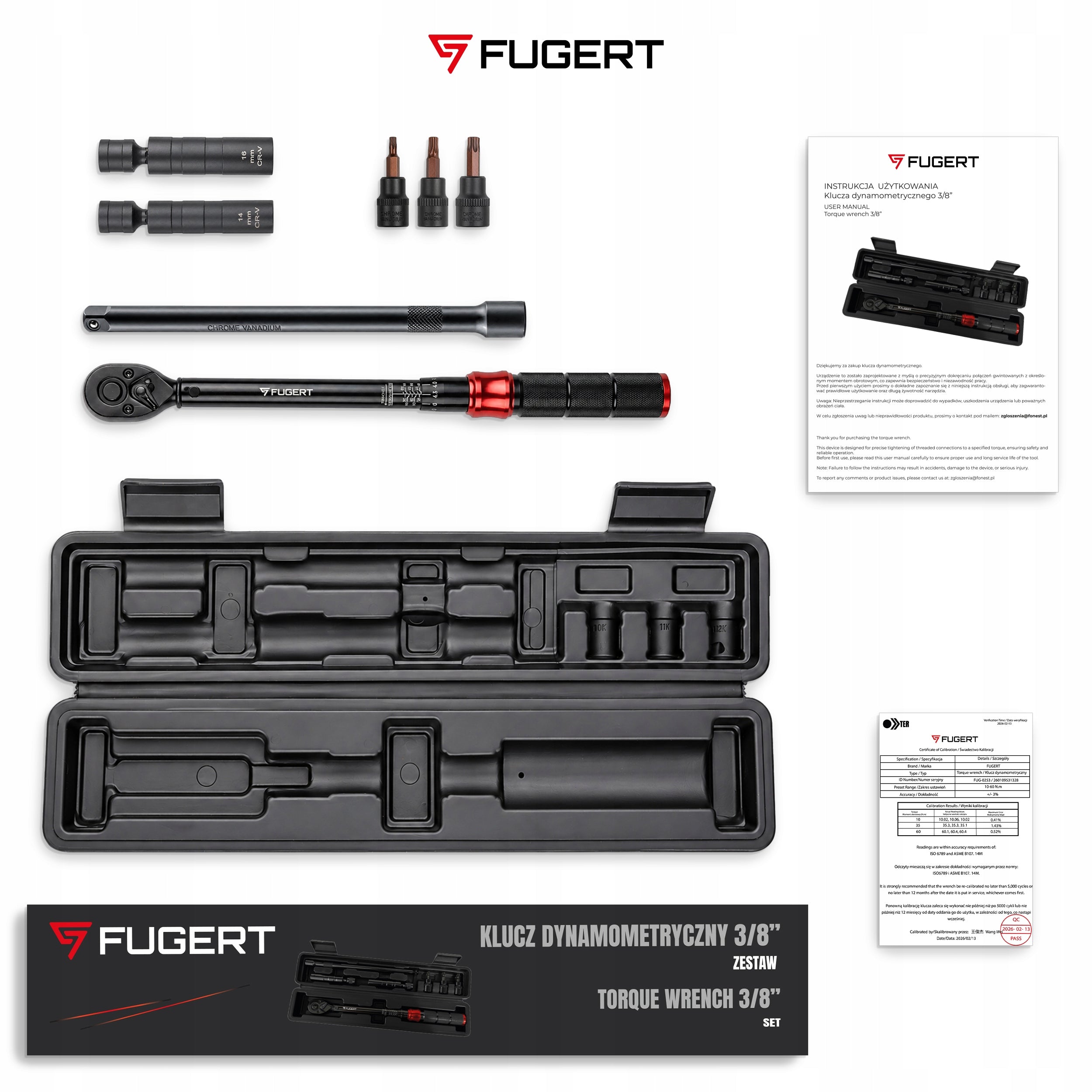 TORQUE WRENCH 3/8" 10-60Nm SET WITH CAPS CALIBRATION CERTIFICATE Packaging status original