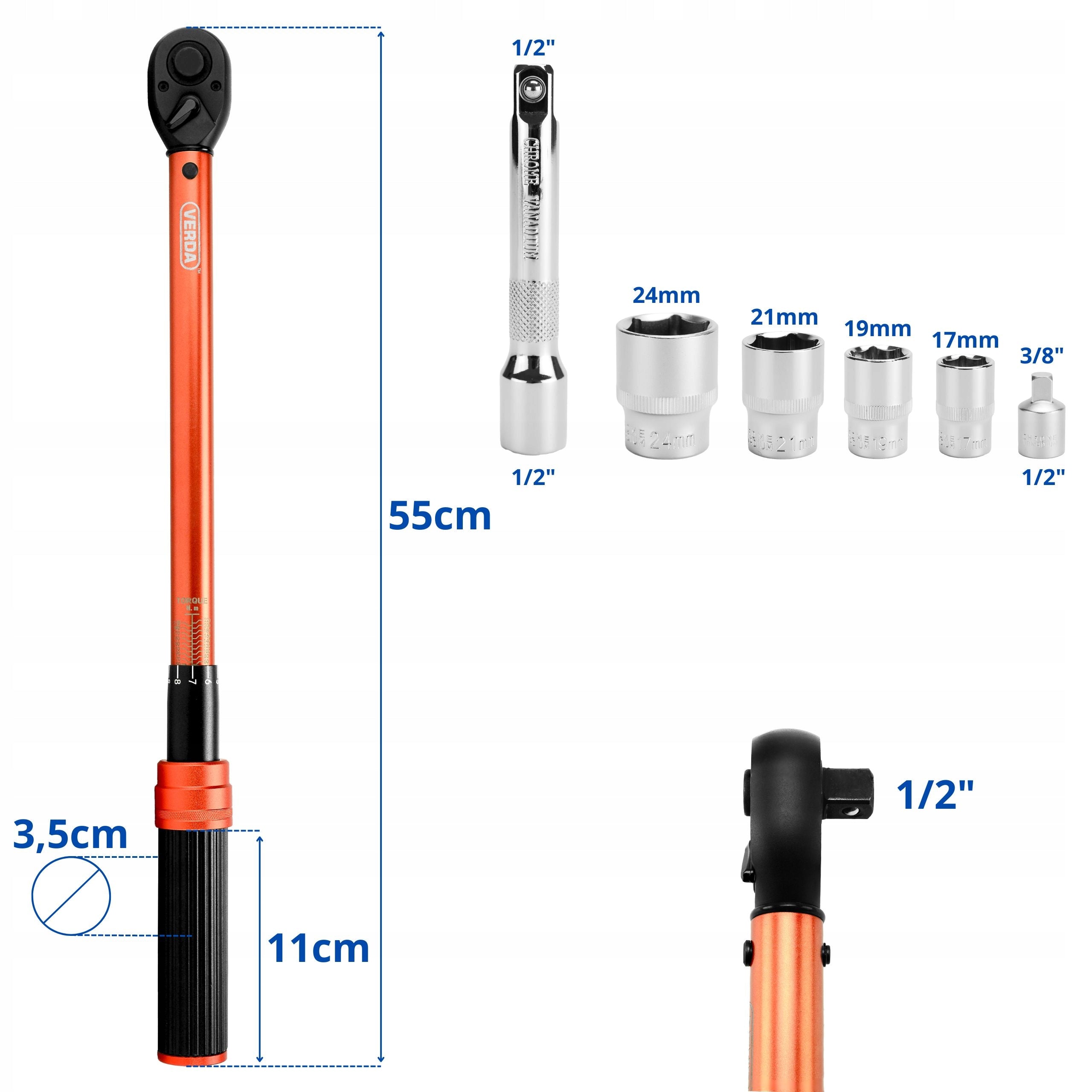 TORQUE WRENCH FOR WHEELS 1/2" 40-220Nm 4 CAPS 17,19,21,24mm SUITCASE Manufacturer code SN1738