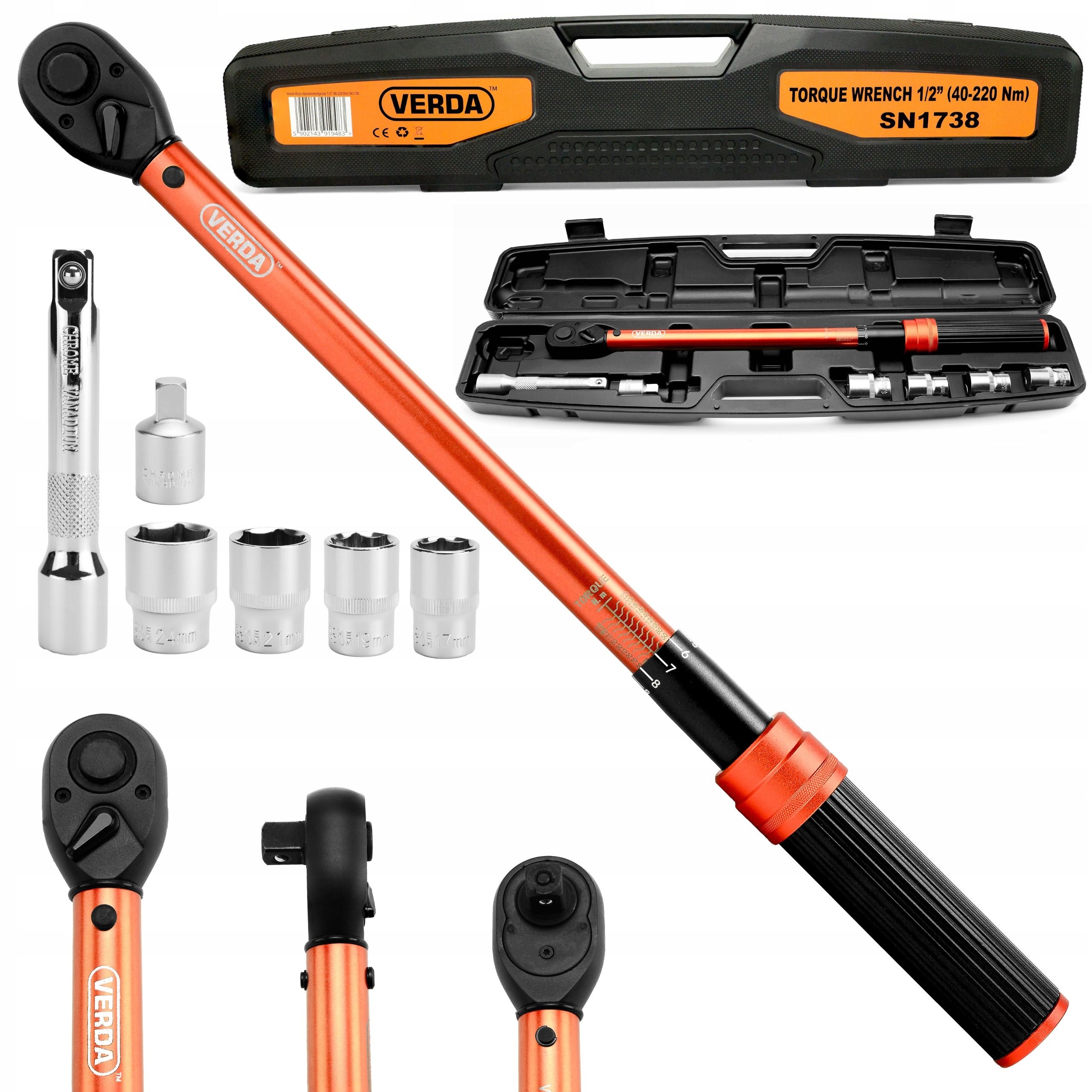 TORQUE WRENCH FOR WHEELS 1/2" 40-220Nm 4 CAPS 17,19,21,24mm SUITCASE