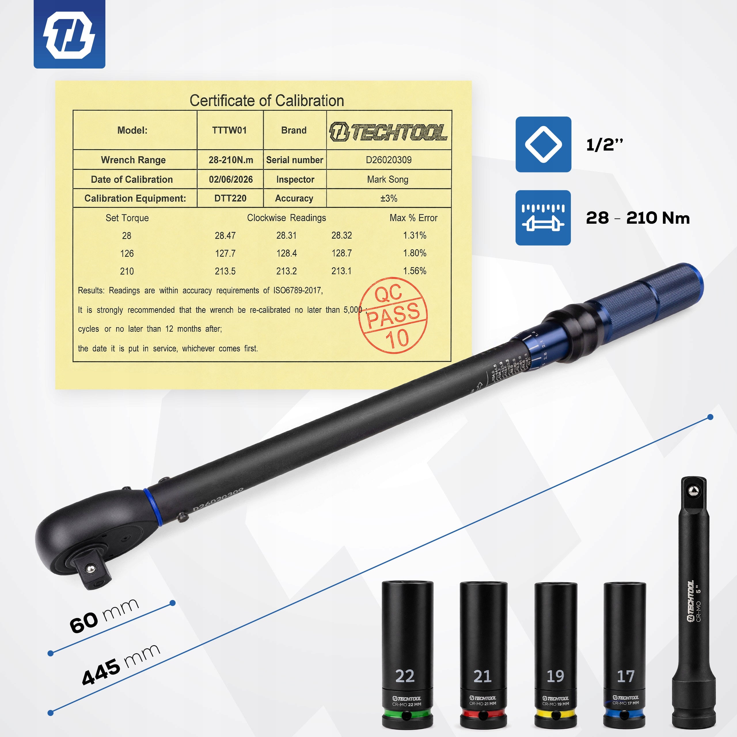 TORQUE WRENCH FOR WHEELS 72T >>TWO-WAY<< 1/2 28-210 Nm CERTIFICATE Manufacturer code TTTW01