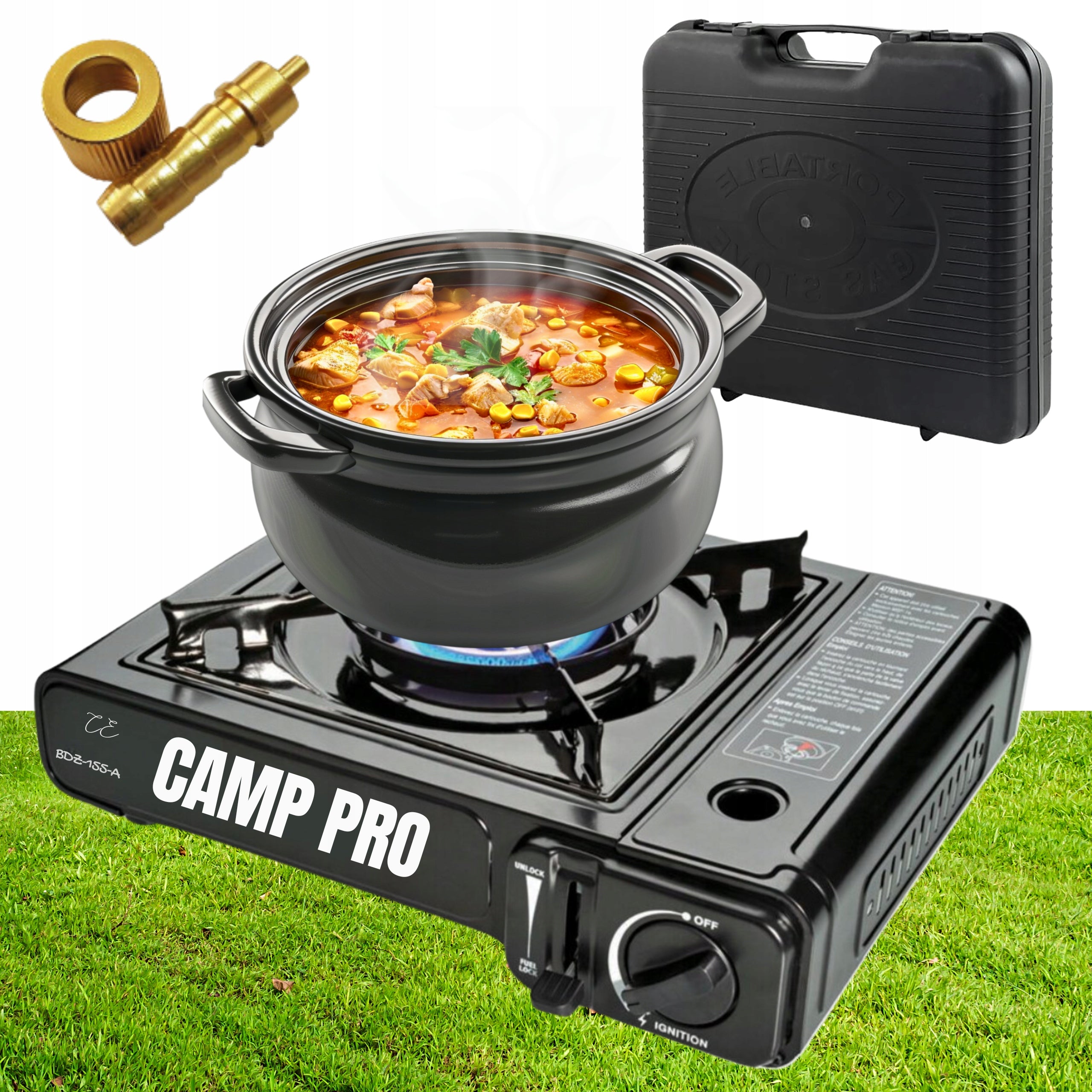 TOURIST CERAMIC GAS COOKER WITH SUITCASE AND ADAPTER FOR LARGE CYLINDER