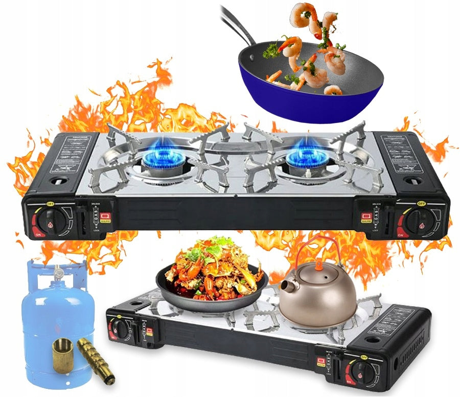 TOURIST COOKER GAS PORTABLE TWO-BURNER FOR CARTRIDGES CYLINDERS inox