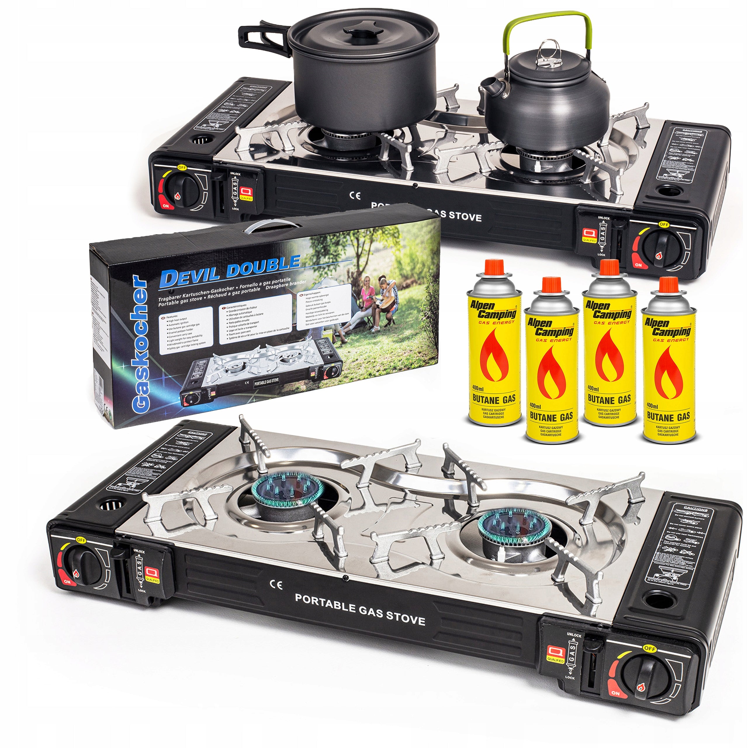TOURIST GAS COOKER PORTABLE TWO-BURNER FOR GAS CYLINDERS 4x CARTRIDGE