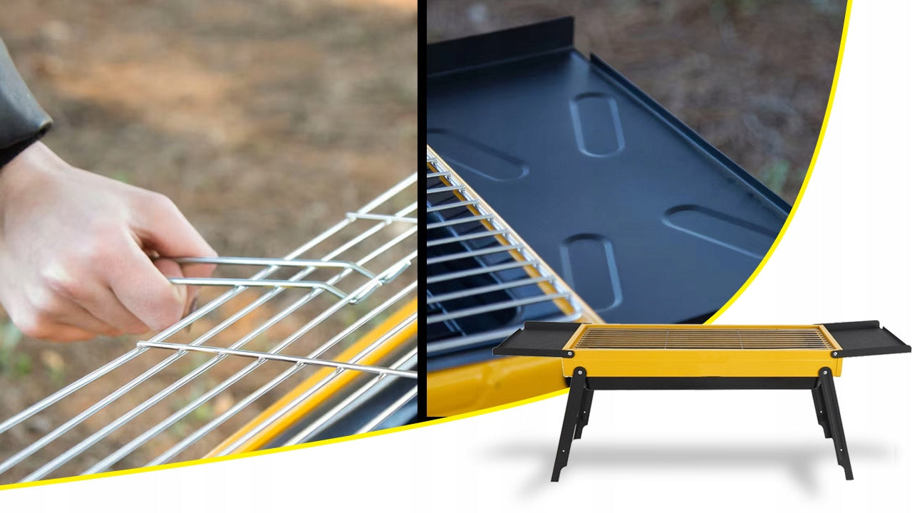 TOURIST GRILL PORTABLE CHARCOAL BBQ CAMPING FOLDING ROOMY + SHELVES Grate material made of steel