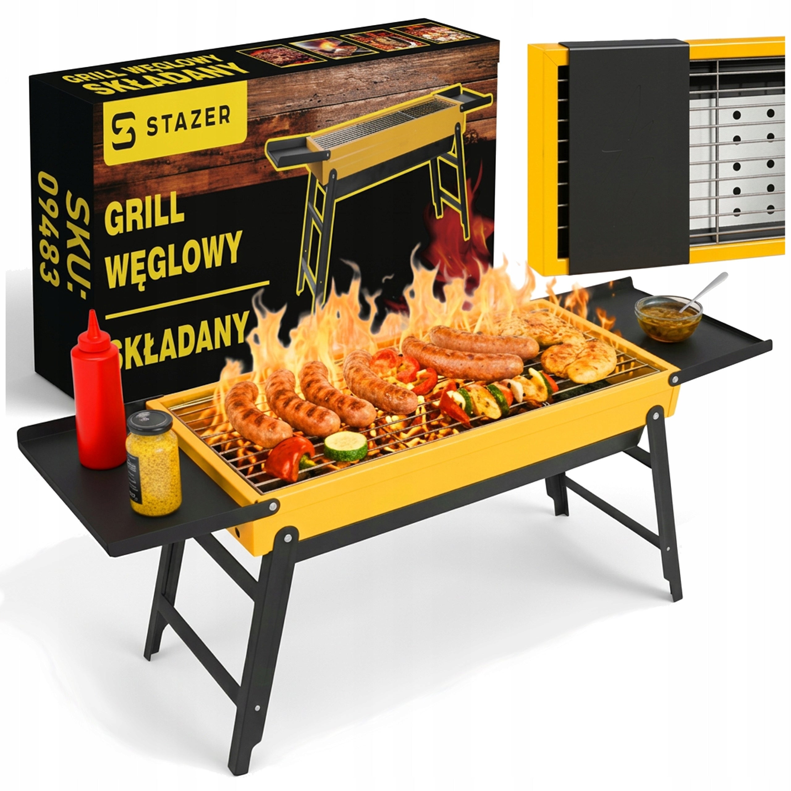 TOURIST GRILL PORTABLE CHARCOAL BBQ CAMPING FOLDING ROOMY + SHELVES